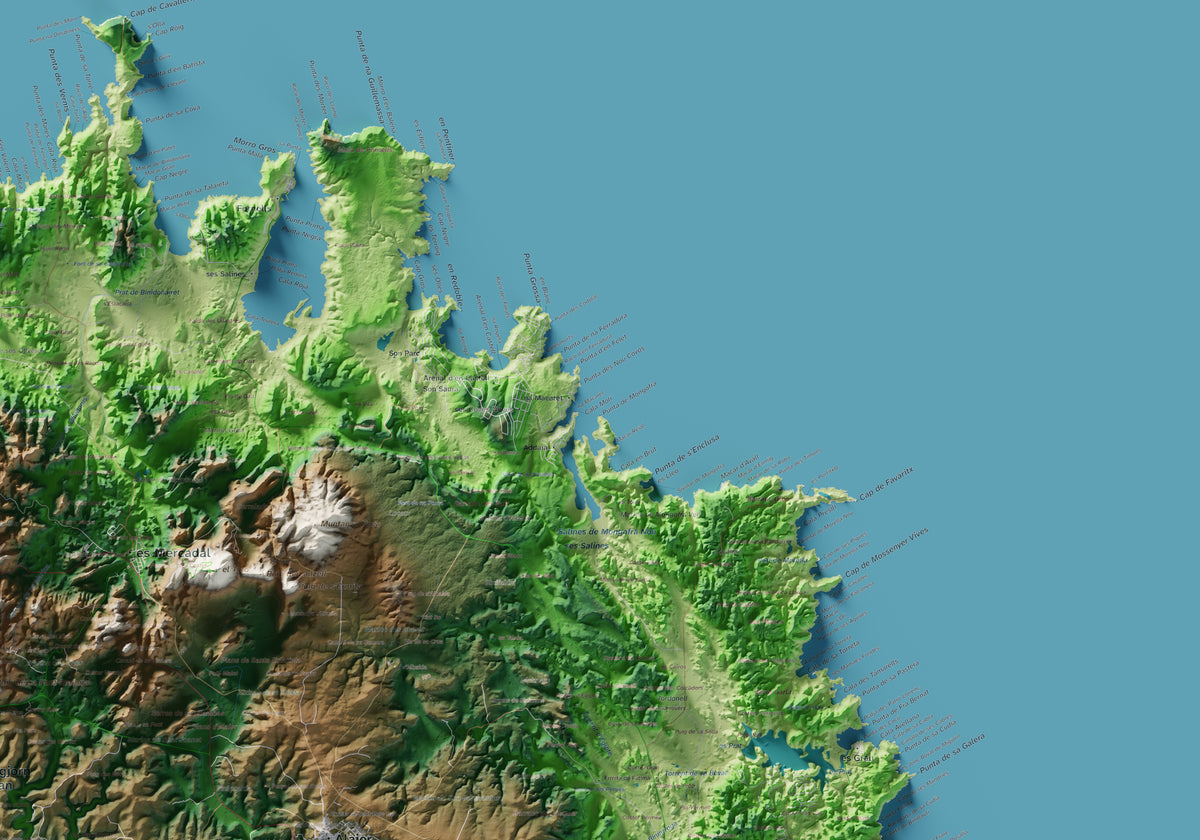 Edición octubre 2026 · Mapa topográfico de Menorca, Clásico, 70 × 100 cm: detalle de la costa noreste.