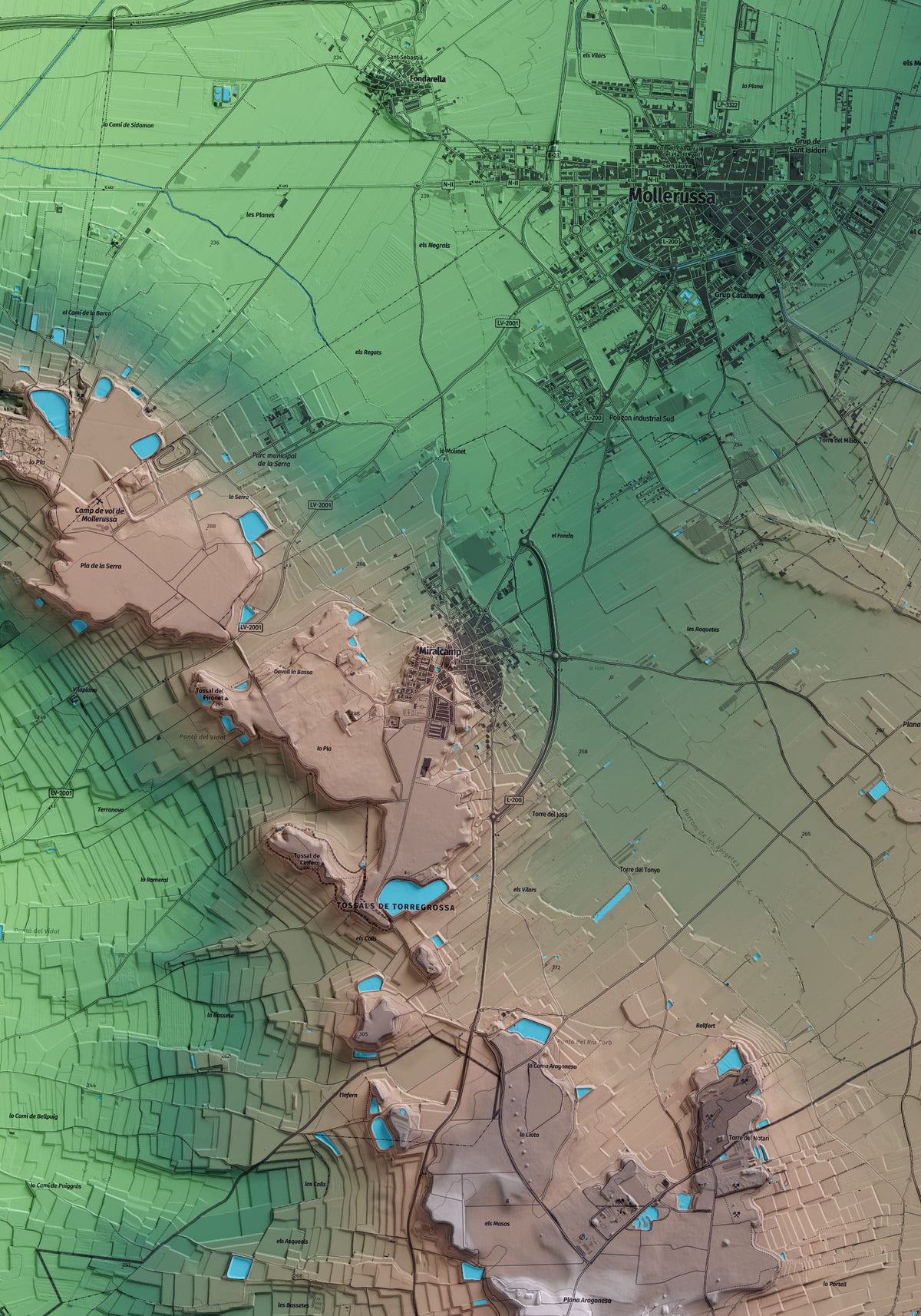 Mapa artístico del relieve de Miralcamp, en el Pla d'Urgell, con 15 km de entorno y base topográfica ICGC. Detalle de la zona central.