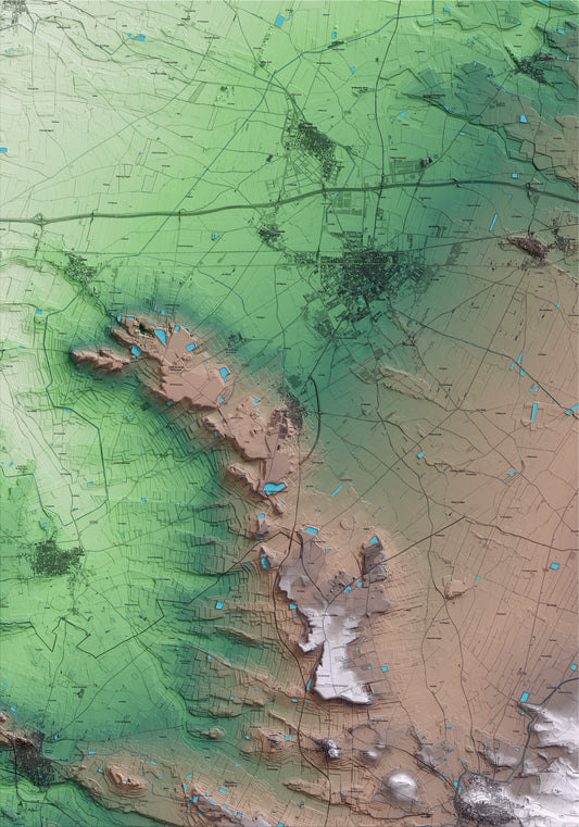 Mapa artístico del relieve de Miralcamp, en el Pla d'Urgell, con 15 km de entorno y base topográfica ICGC