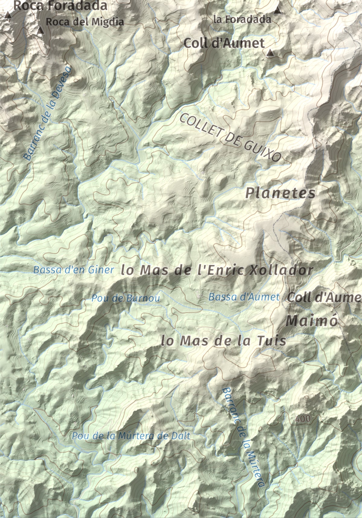 Mapa topográfico del relieve: Mola de Genessies, 711 m. Detalle de la zona inferior izquierda. 21 × 30 cm.