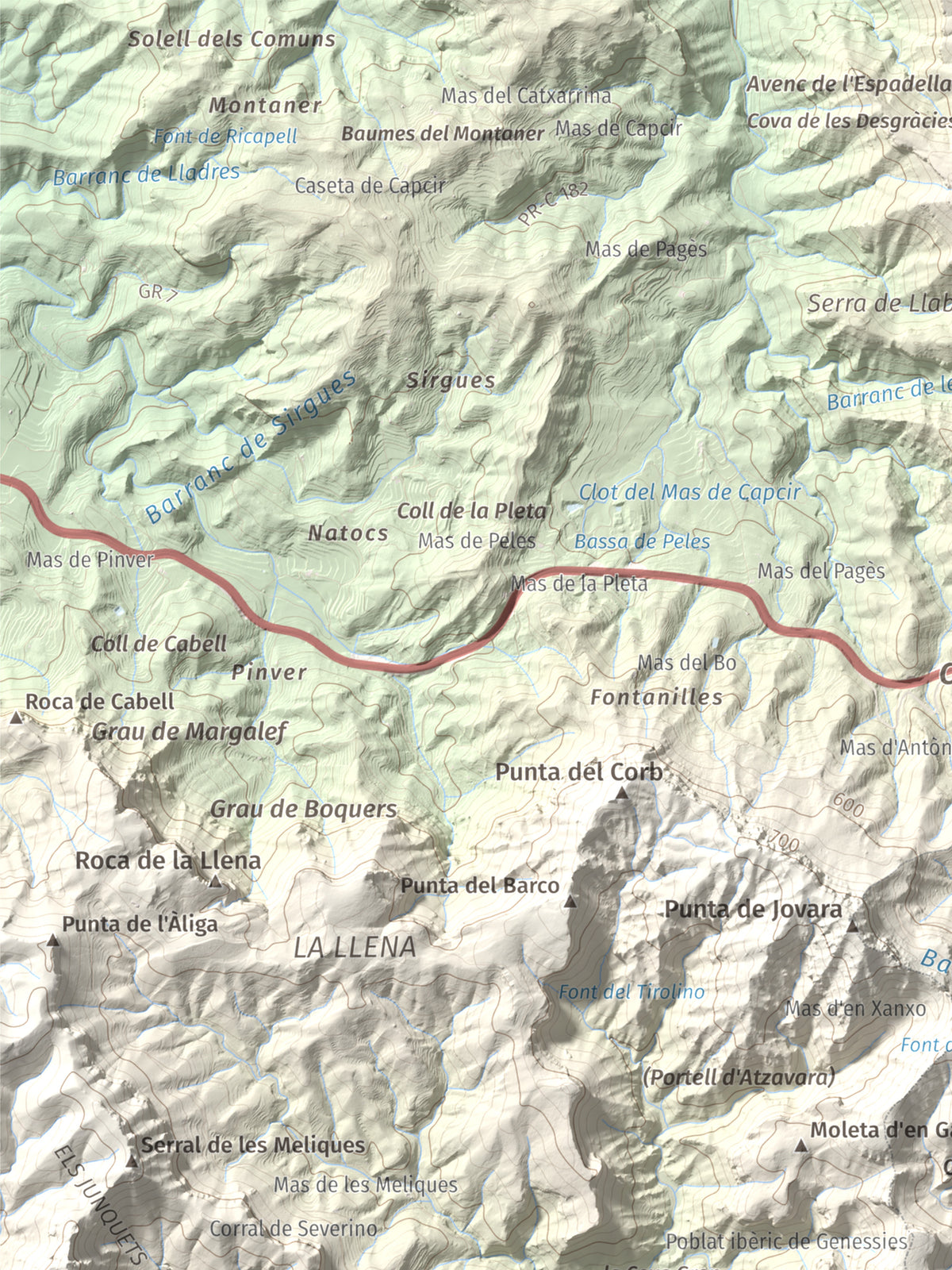 Mapa topográfico del relieve: Mola de Genessies, 711 m. Detalle de la zona superior izquierda. 30 × 40 cm.