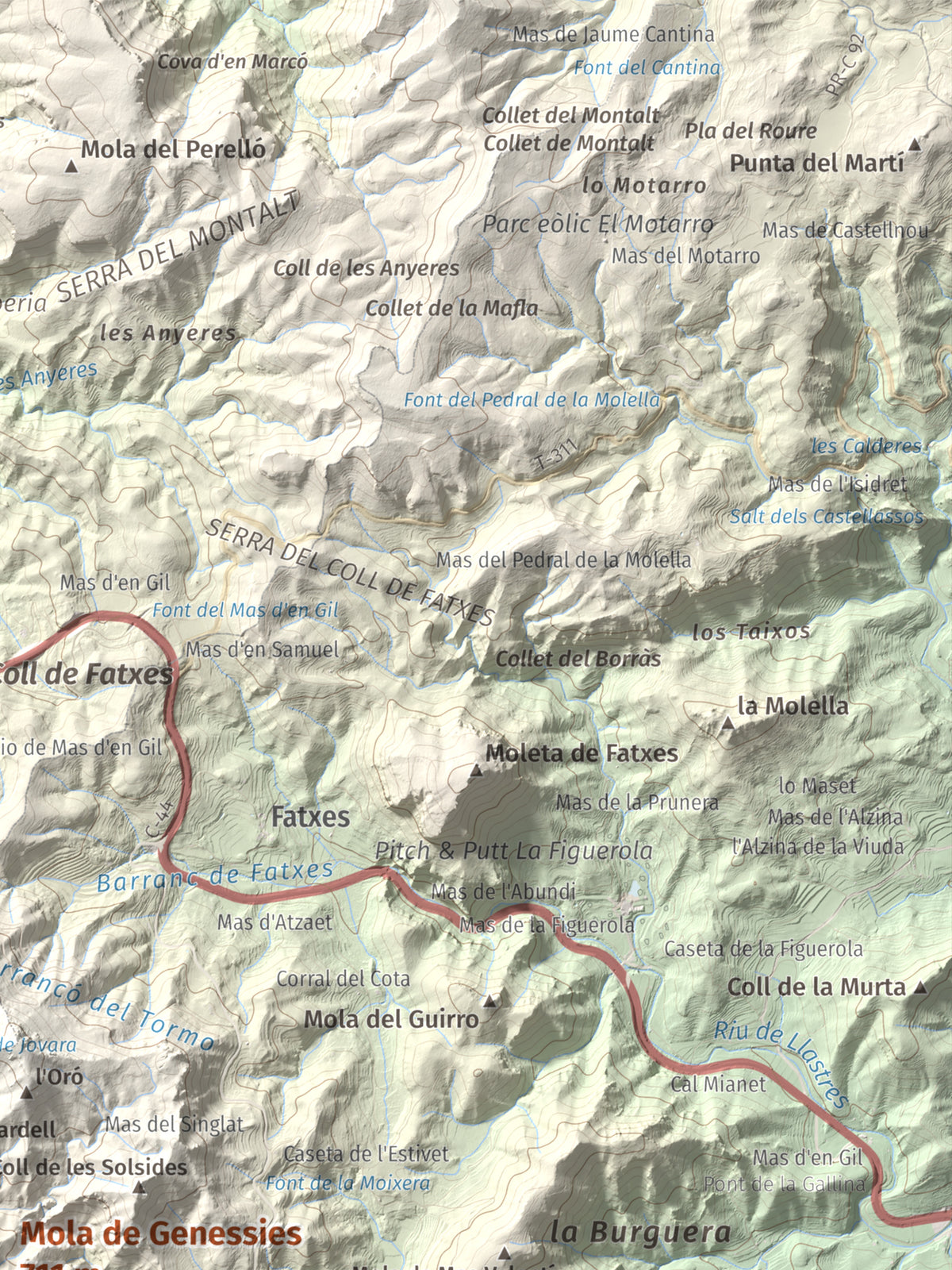 Mapa topográfico del relieve: Mola de Genessies, 711 m. Detalle de la zona superior derecha. 30 × 40 cm.