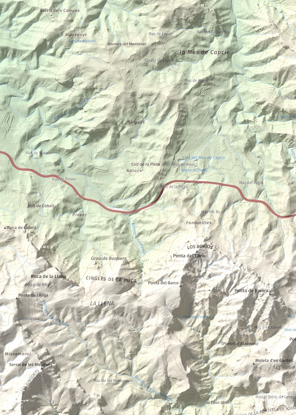 Mapa topográfico del relieve: Mola de Genessies, 711 m. Detalle de la zona superior izquierda. 50 × 70 cm.