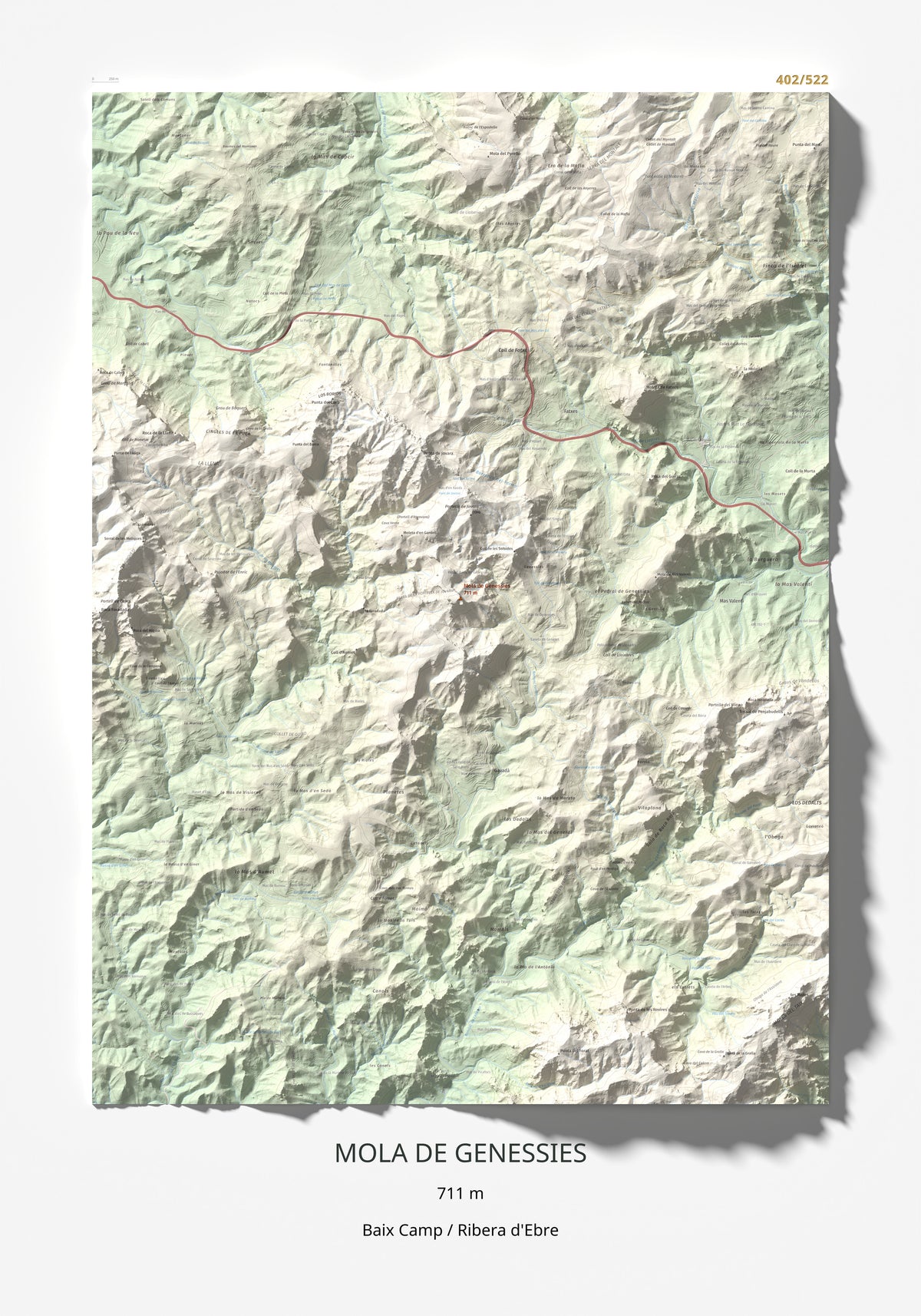 Mapa topográfico del relieve: Mola de Genessies, 711 m. Lámina completa. 70 × 100 cm.