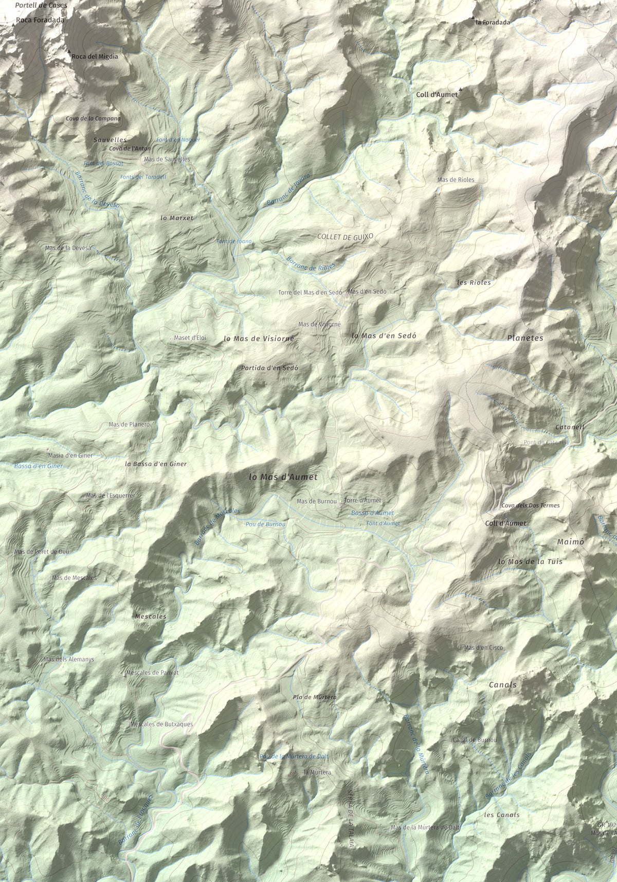 Mapa topográfico del relieve: Mola de Genessies, 711 m. Detalle de la zona inferior izquierda. 70 × 100 cm.