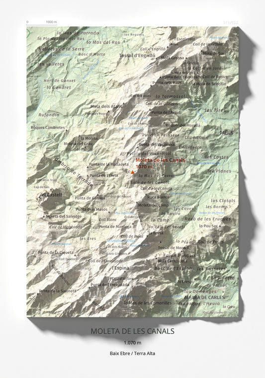 Mapa de relieve de Moleta de les Canals, 1070 m, Baix Ebre · Terra Alta, lámina 100 Cims de Trobart 21 × 30 cm.
