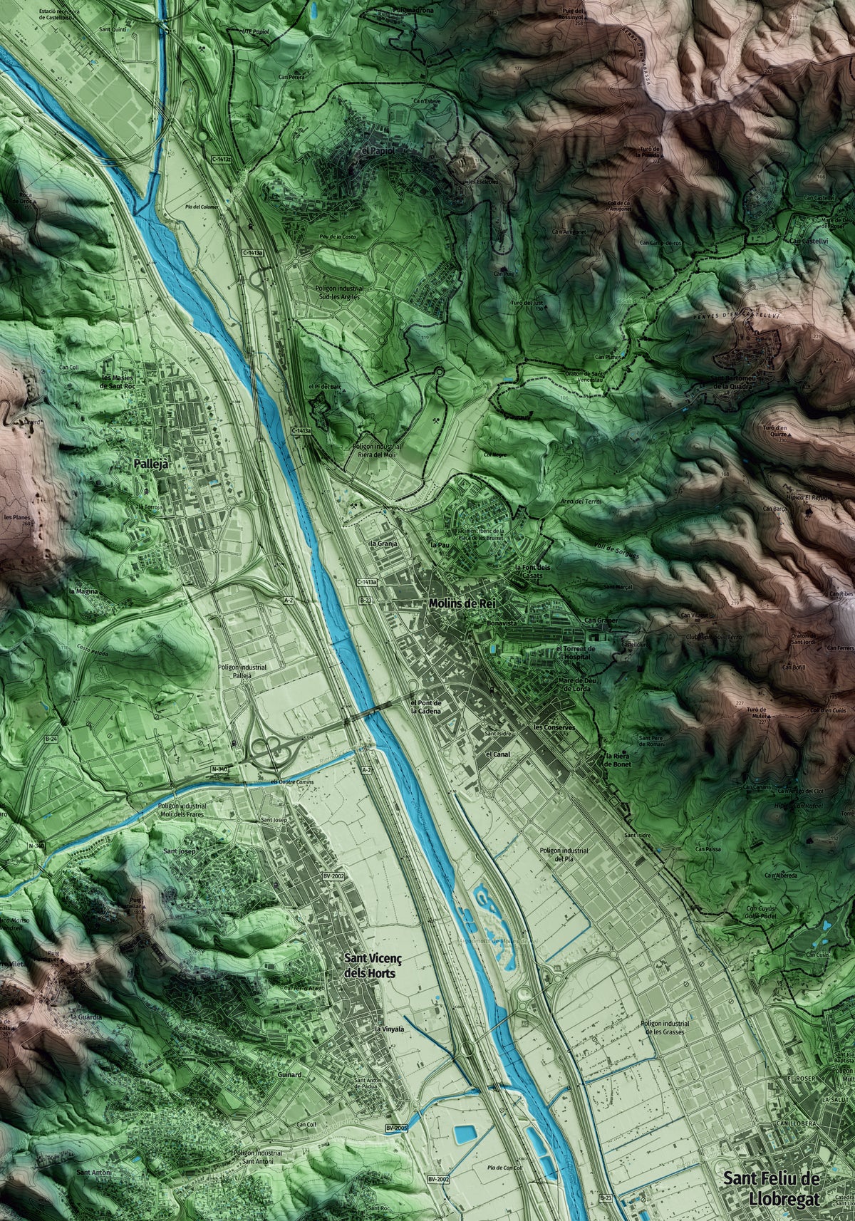 Mapa artístico del relieve de Molins de Rei, al Baix Llobregat, con 15 km de entorno y base topográfica ICGC. Detalle de la zona central.
