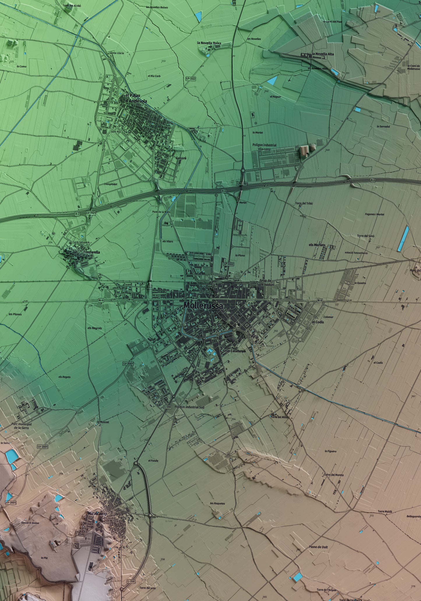 Mapa artístico del relieve de Mollerussa, en el Pla d'Urgell, con 15 km de entorno y base topográfica ICGC. Detalle de la zona central.