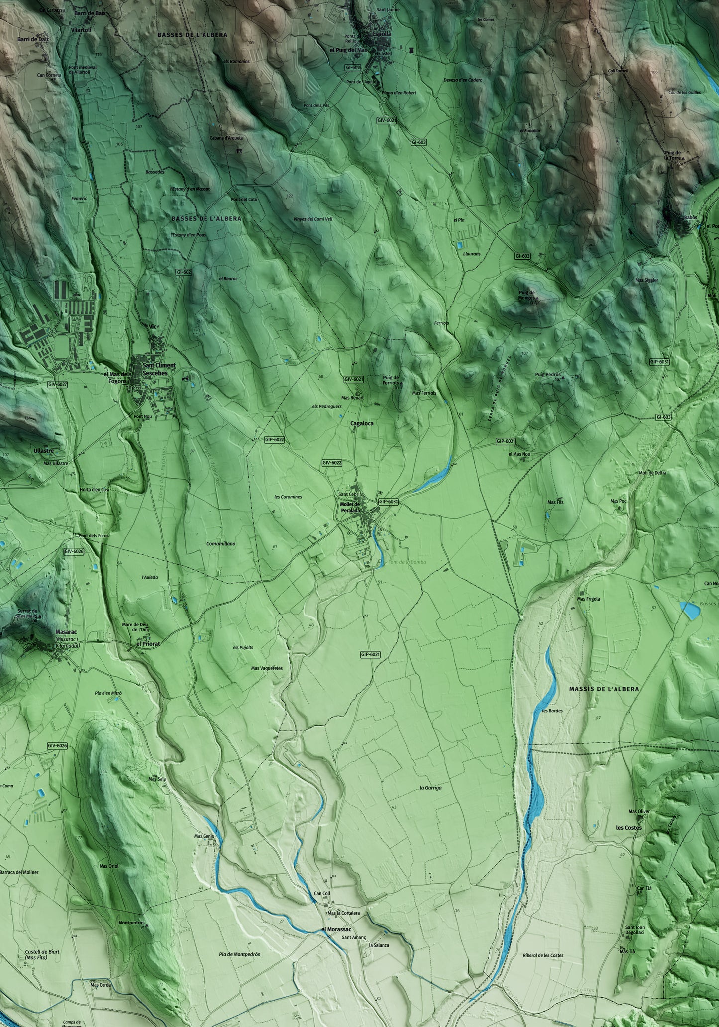 Mapa artístico del relieve de Mollet de Peralada, al Alt Empordà, con 15 km de entorno y base topográfica ICGC. Detalle de la zona central.