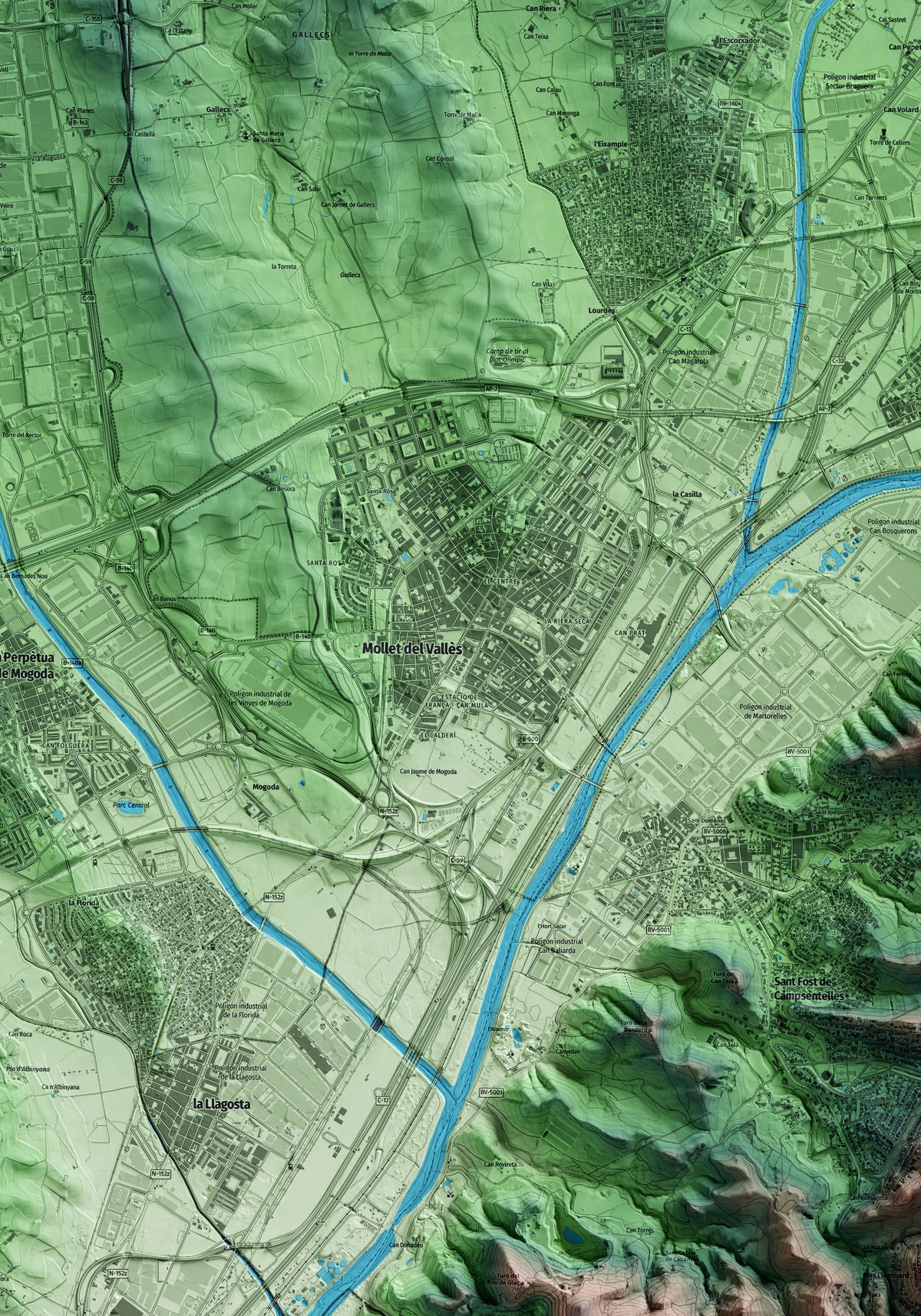 Mapa artístico del relieve de Mollet del Vallès, al Vallès Oriental, con 15 km de entorno y base topográfica ICGC. Detalle de la zona central.