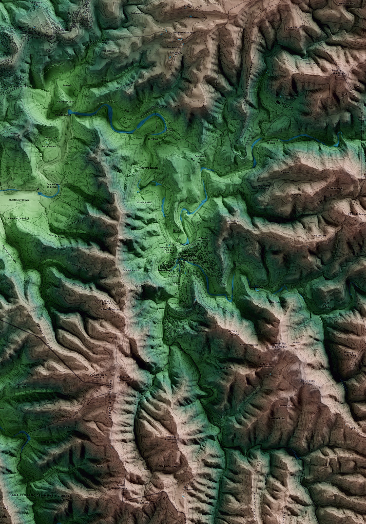 Mapa artístico del relieve de Monistrol de Calders, al Moianès, con 15 km de entorno y base topográfica ICGC. Detalle de la zona central.