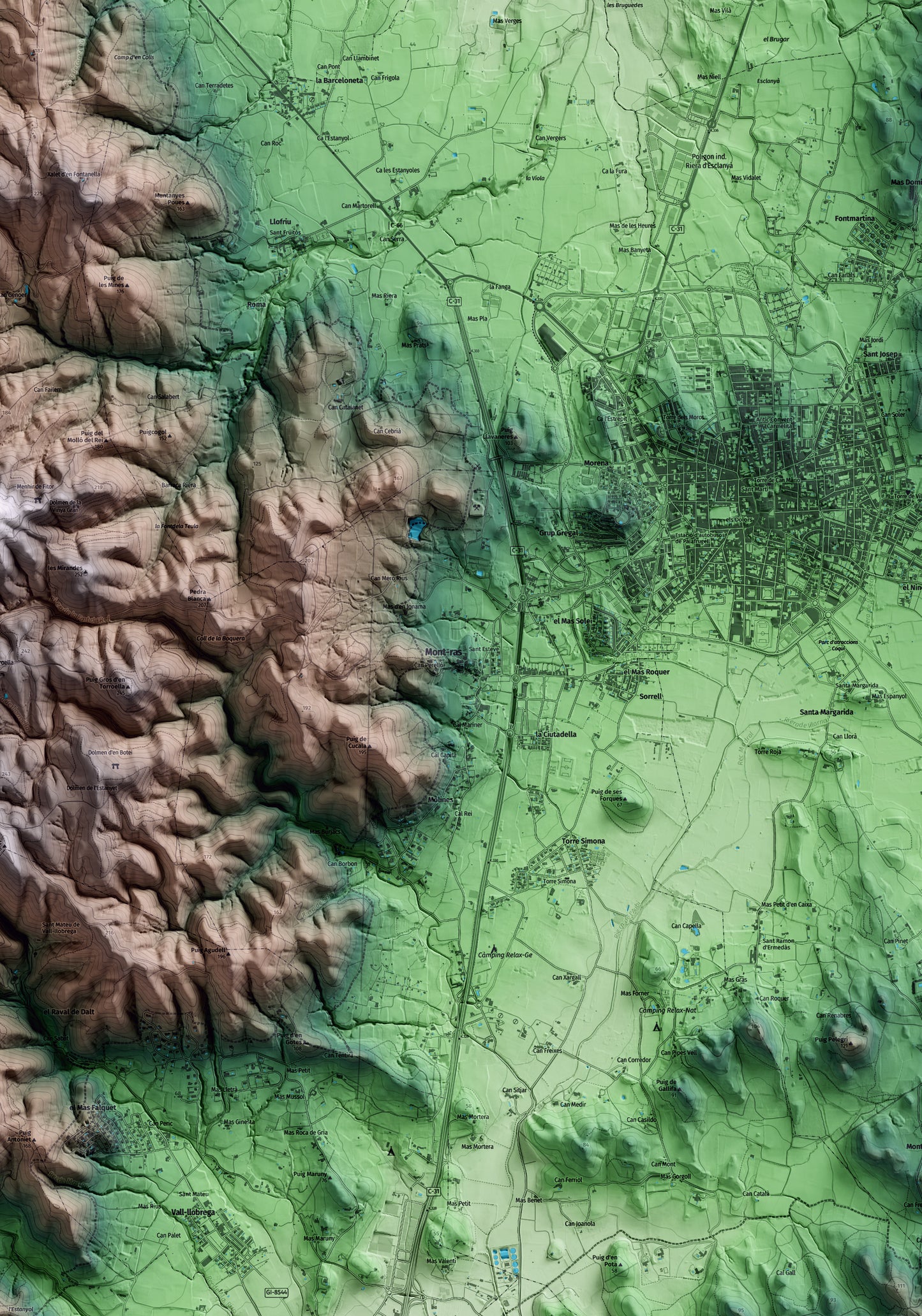 Mapa artístico del relieve de Mont-ras, al Baix Empordà, con 15 km de entorno y base topográfica ICGC. Detalle de la zona central.