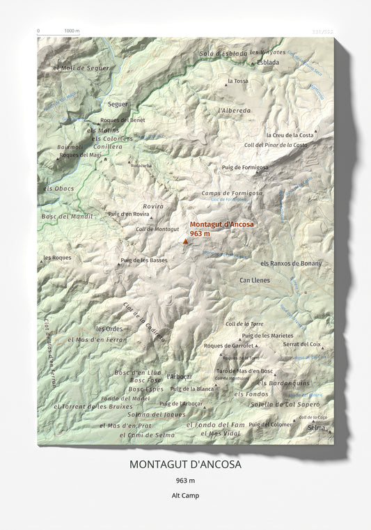 Mapa de relieve de Montagut d'Ancosa, 963 m, Alt Camp, lámina 100 Cims de Trobart 21 × 30 cm.