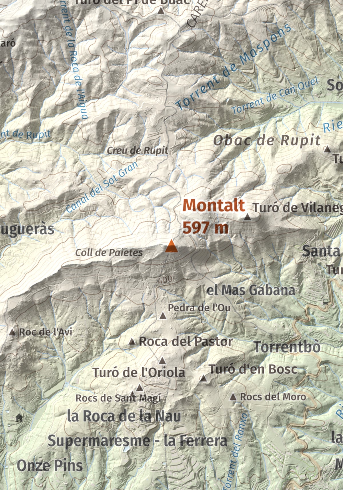 Mapa de relieve de Montalt, 597 m, Maresme, lámina 100 Cims de Trobart. Detalle de la zona central. 21 × 30 cm.