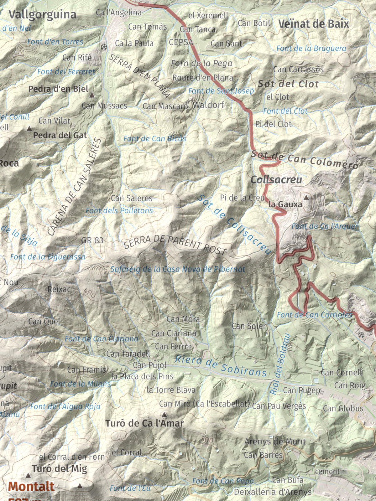 Mapa de relieve de Montalt, 597 m, Maresme, lámina 100 Cims de Trobart. Detalle de la zona superior derecha. 30 × 40 cm.