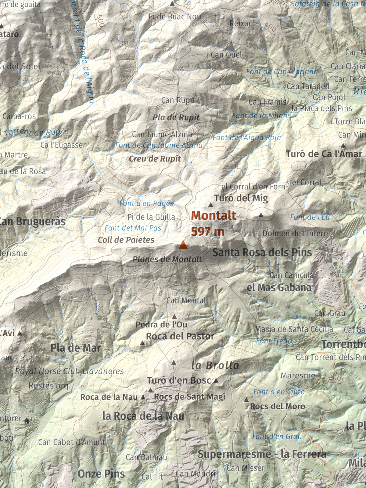 Mapa de relieve de Montalt, 597 m, Maresme, lámina 100 Cims de Trobart. Detalle de la zona central. 30 × 40 cm.