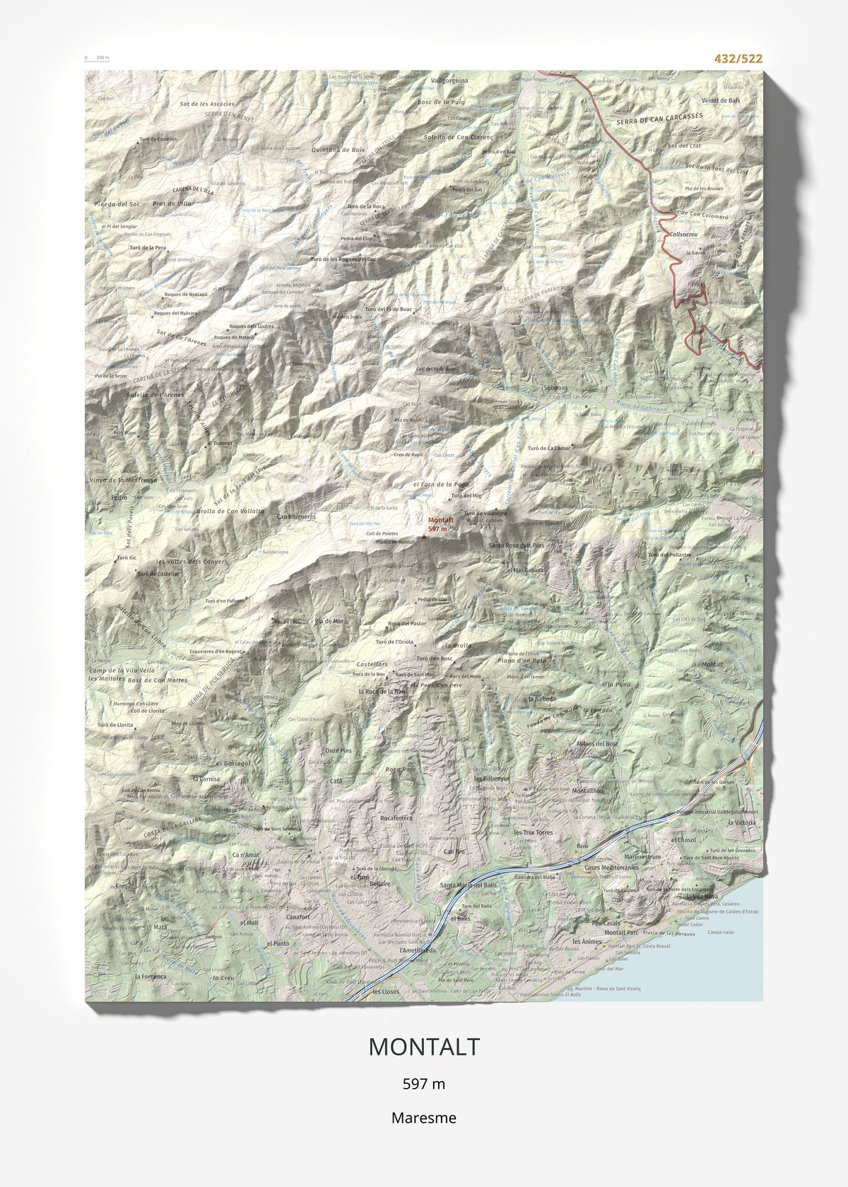 Mapa de relieve de Montalt, 597 m, Maresme, lámina 100 Cims de Trobart 50 × 70 cm.