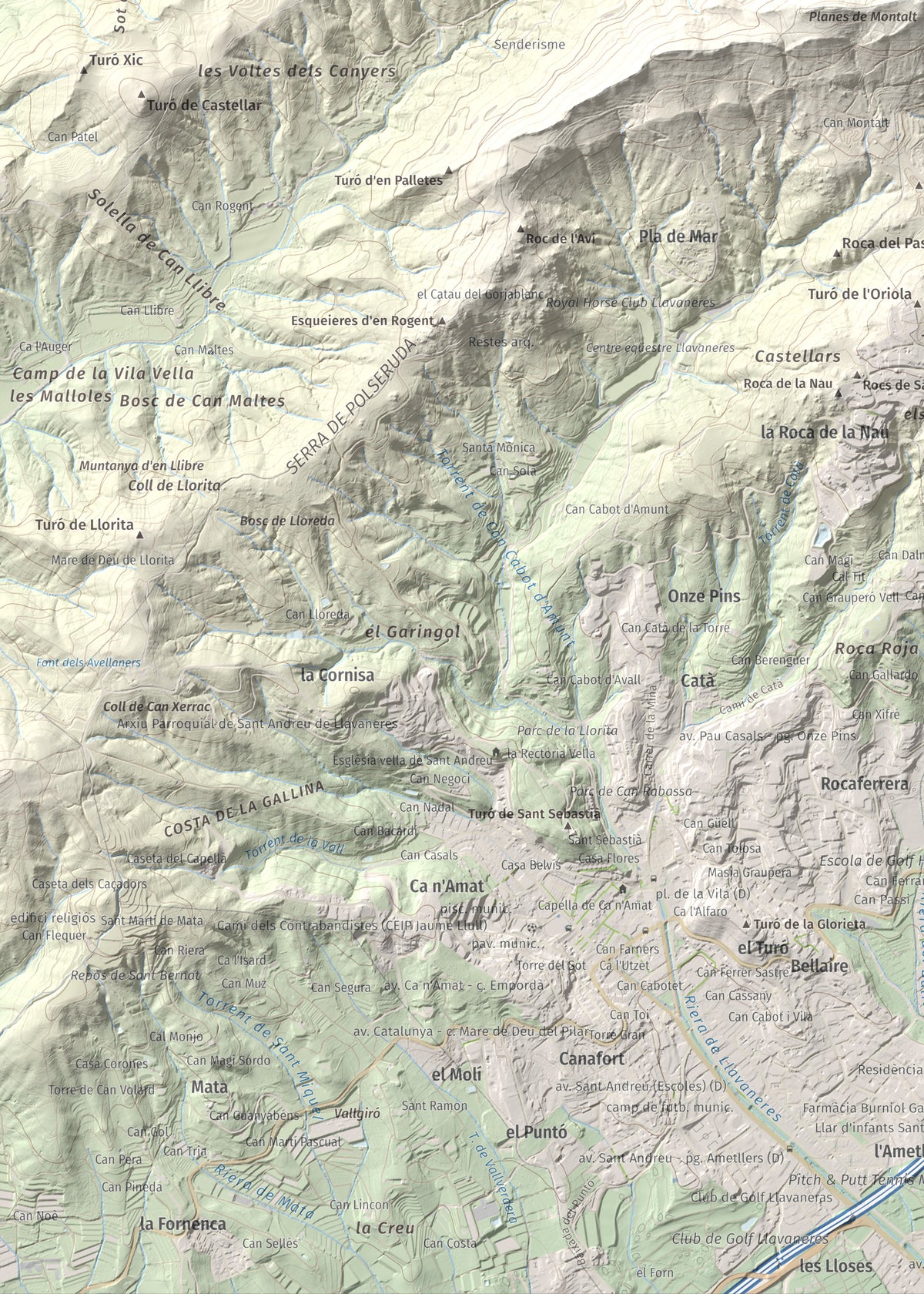 Mapa de relieve de Montalt, 597 m, Maresme, lámina 100 Cims de Trobart. Detalle de la zona inferior izquierda. 50 × 70 cm.