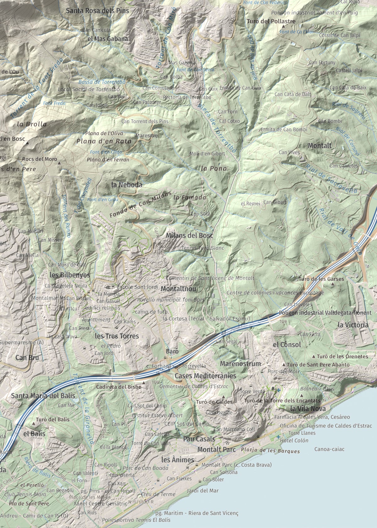 Mapa de relieve de Montalt, 597 m, Maresme, lámina 100 Cims de Trobart. Detalle de la zona inferior derecha. 50 × 70 cm.