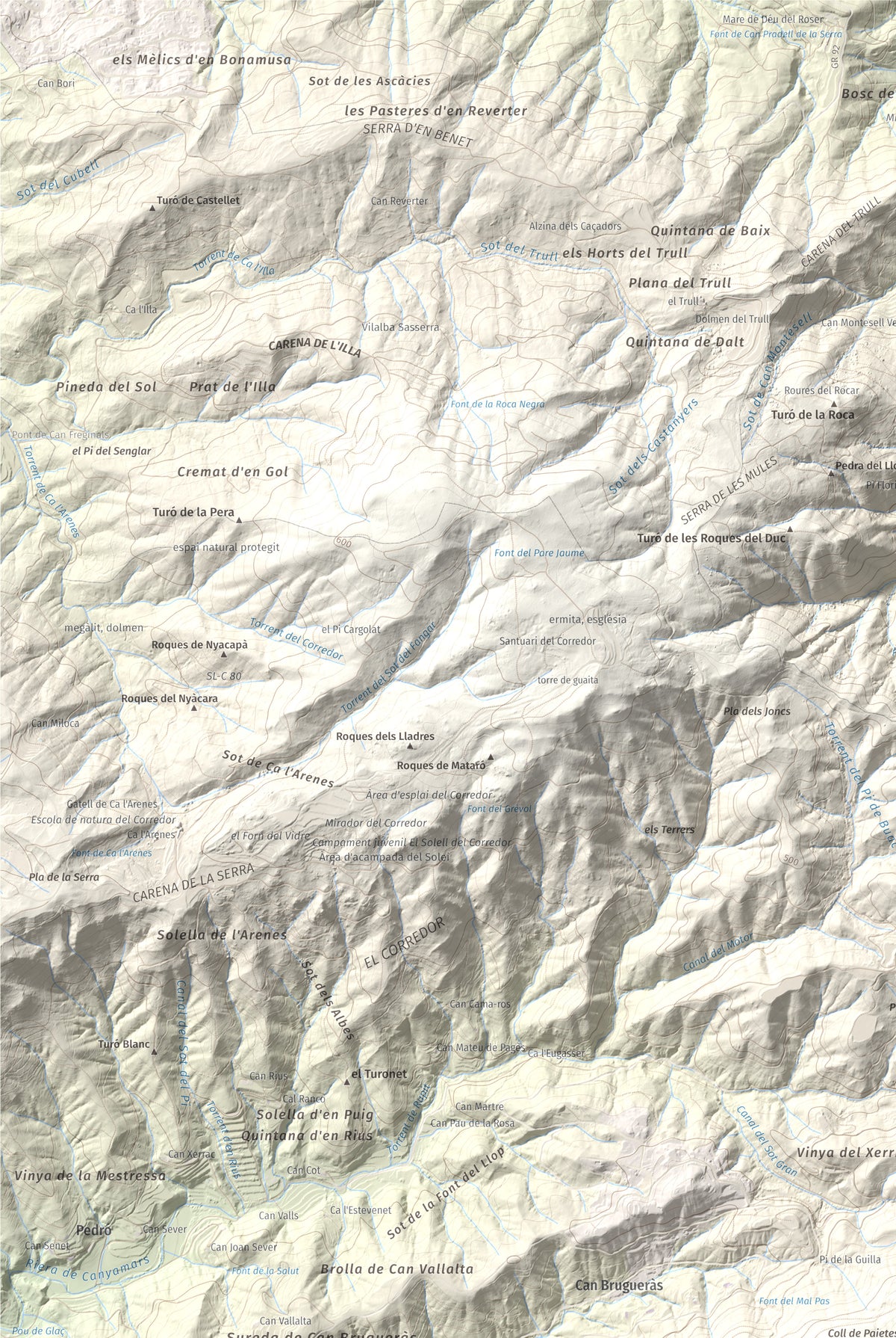 Mapa de relieve de Montalt, 597 m, Maresme, lámina 100 Cims de Trobart. Detalle de la zona superior izquierda. 61 × 91 cm.
