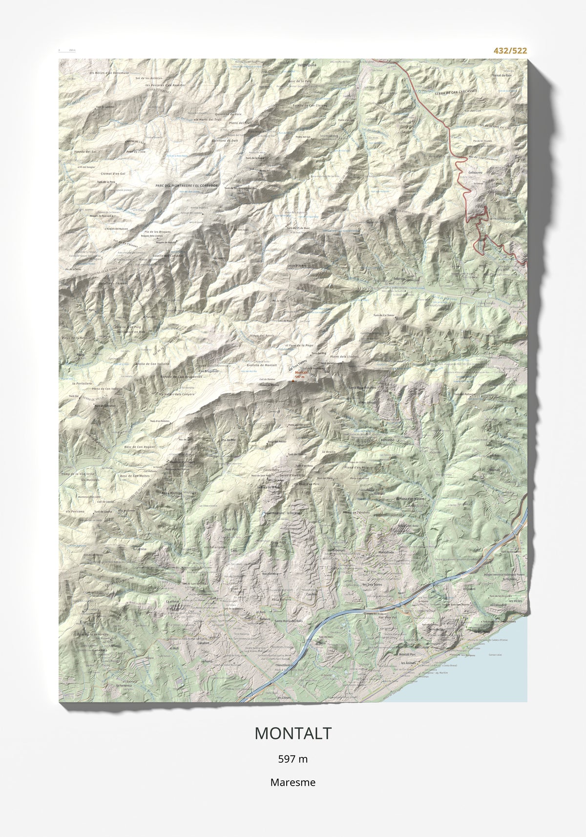 Mapa de relieve de Montalt, 597 m, Maresme, lámina 100 Cims de Trobart 70 × 100 cm.