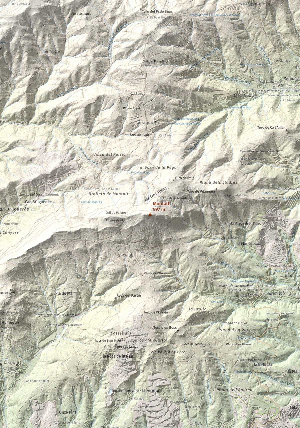 Mapa de relieve de Montalt, 597 m, Maresme, lámina 100 Cims de Trobart. Detalle de la zona central. 70 × 100 cm.