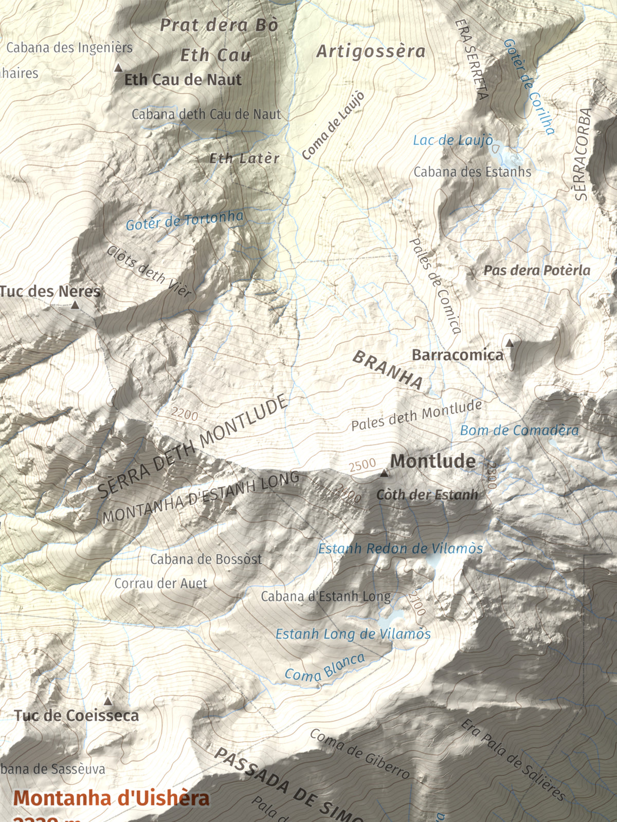 Mapa topográfico del relieve: Montanha d'Uishèra, 2339 m. Detalle de la zona superior derecha. 30 × 40 cm.