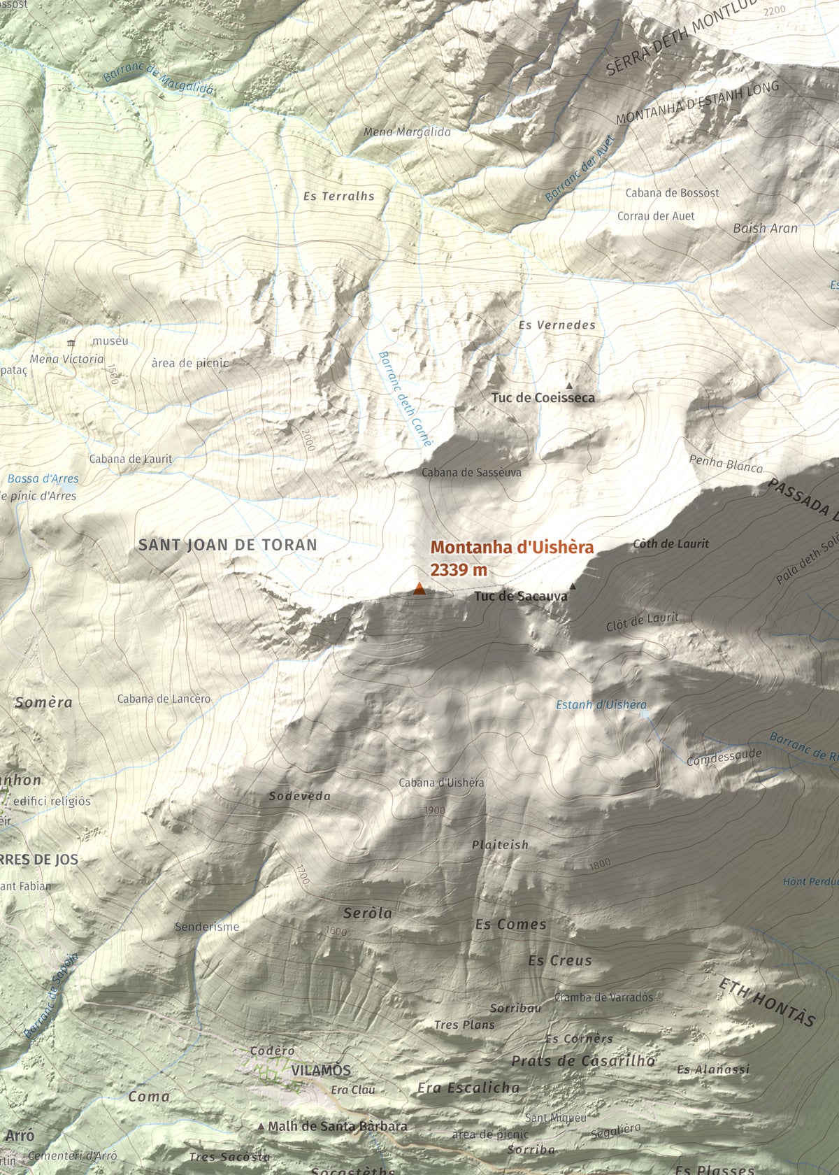 Mapa topográfico del relieve: Montanha d'Uishèra, 2339 m. Detalle de la zona central. 50 × 70 cm.