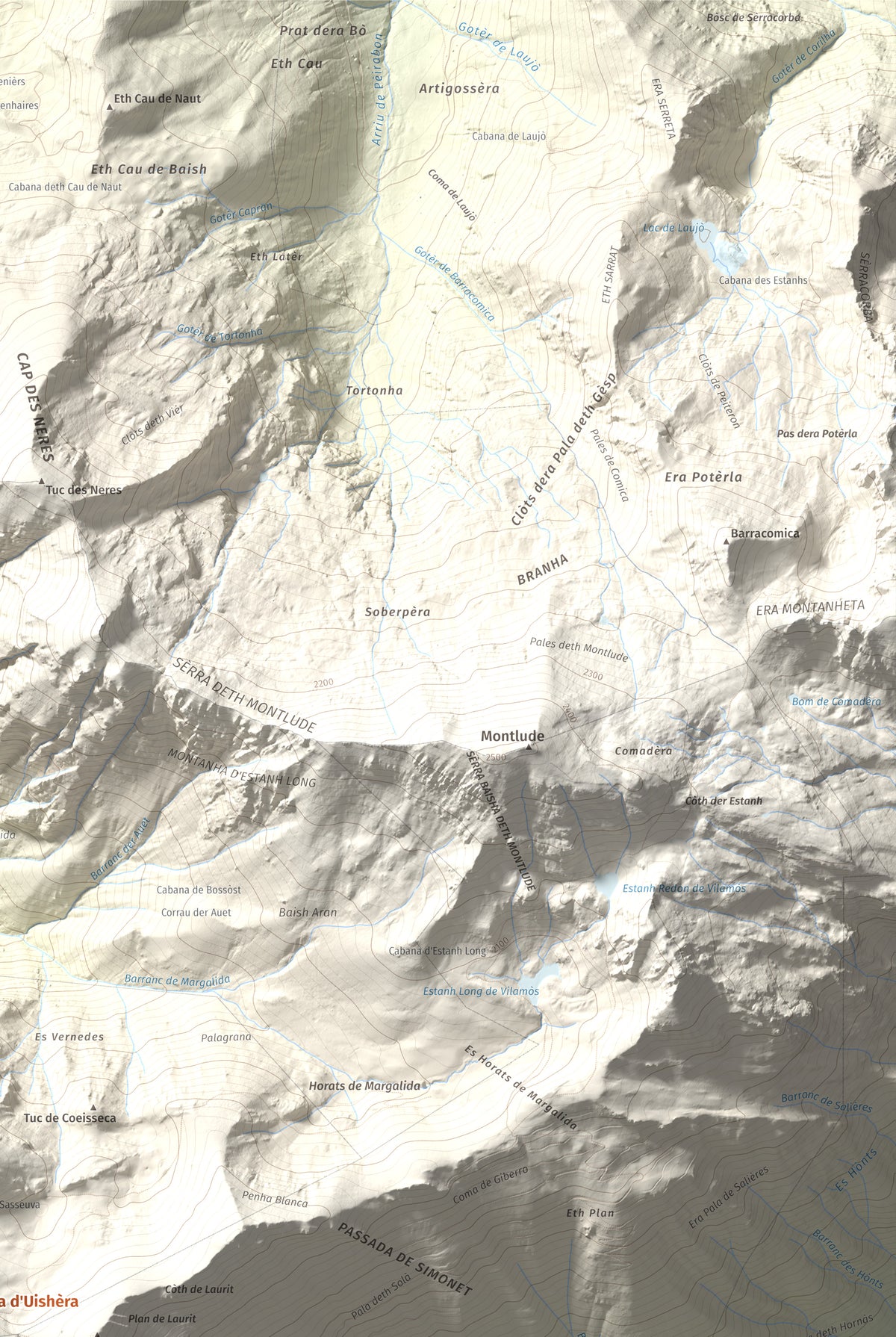 Mapa topográfico del relieve: Montanha d'Uishèra, 2339 m. Detalle de la zona superior derecha. 61 × 91 cm.