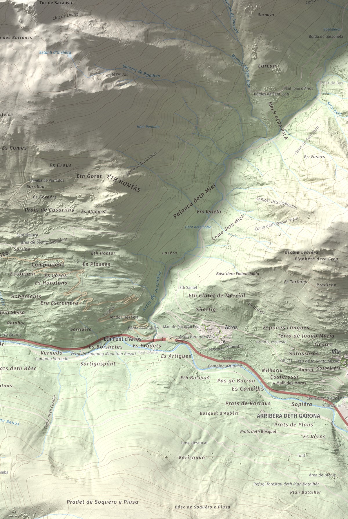 Mapa topográfico del relieve: Montanha d'Uishèra, 2339 m. Detalle de la zona inferior derecha. 61 × 91 cm.