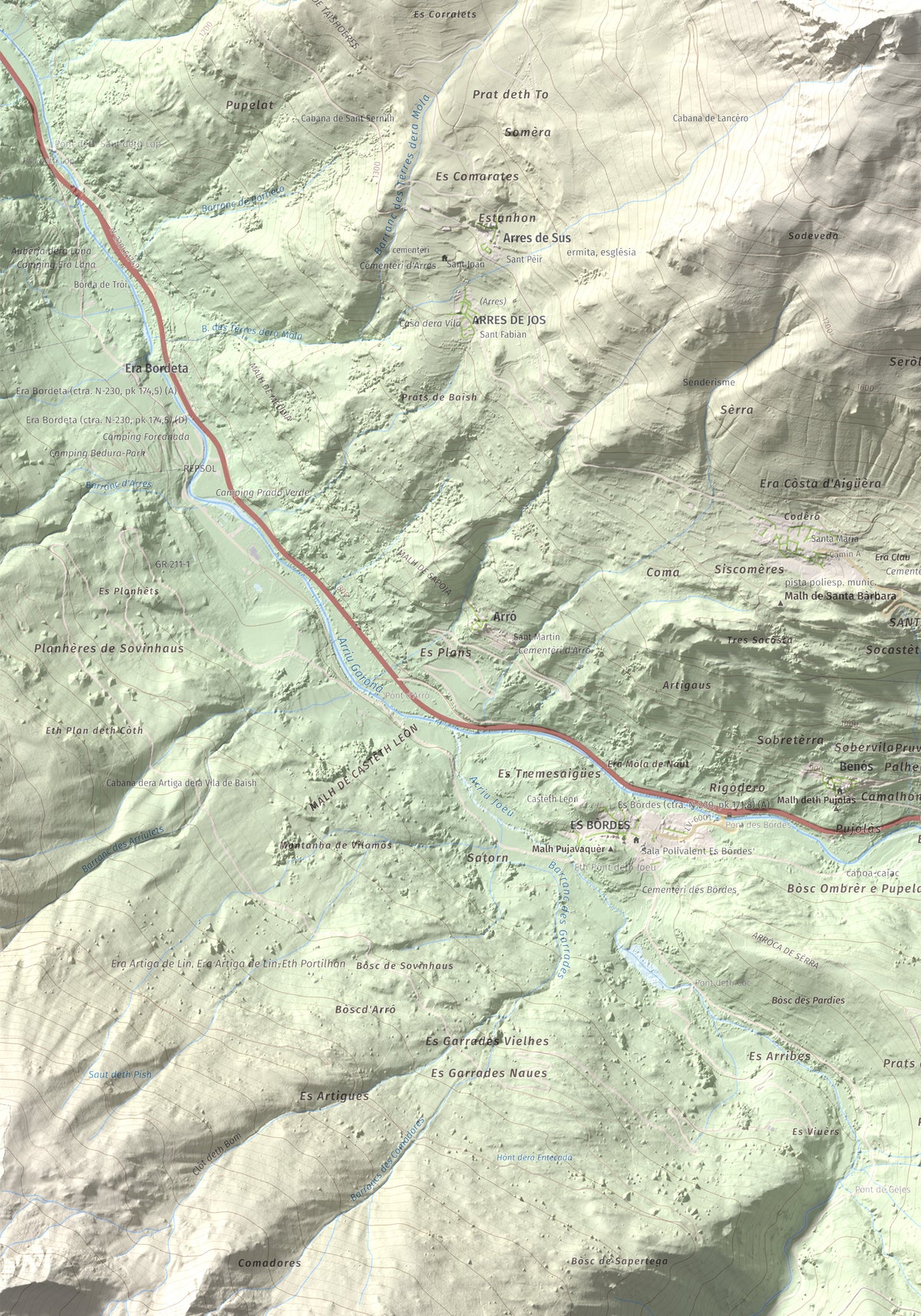 Mapa topográfico del relieve: Montanha d'Uishèra, 2339 m. Detalle de la zona inferior izquierda. 70 × 100 cm.