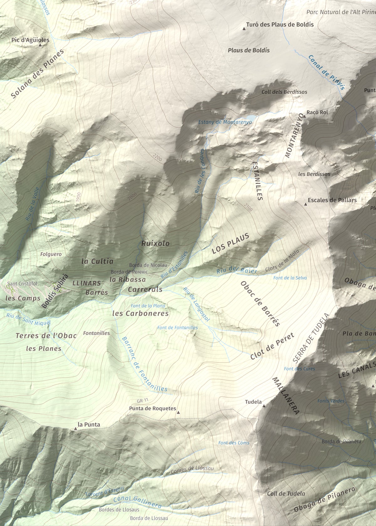 Mapa topogràfic del relleu: Montarenyo de Boldís, 2593 m. Detall de la zona inferior esquerra. 50 × 70 cm.