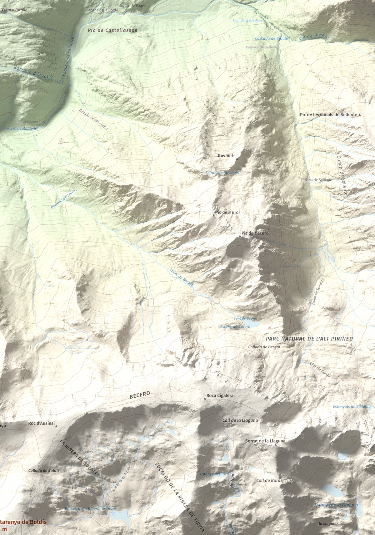 Mapa topogràfic del relleu: Montarenyo de Boldís, 2593 m. Detall de la zona superior dreta. 70 × 100 cm.