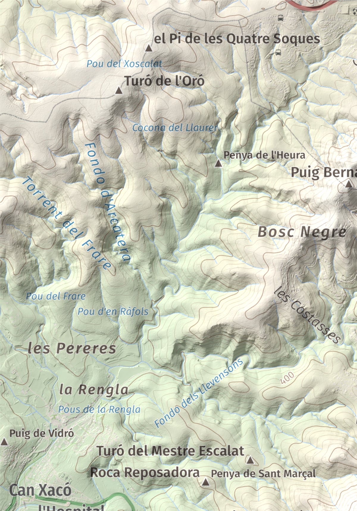 Mapa topogràfic del relleu: Montau, 658 m. Detall de la zona superior esquerra. 21 × 30 cm.