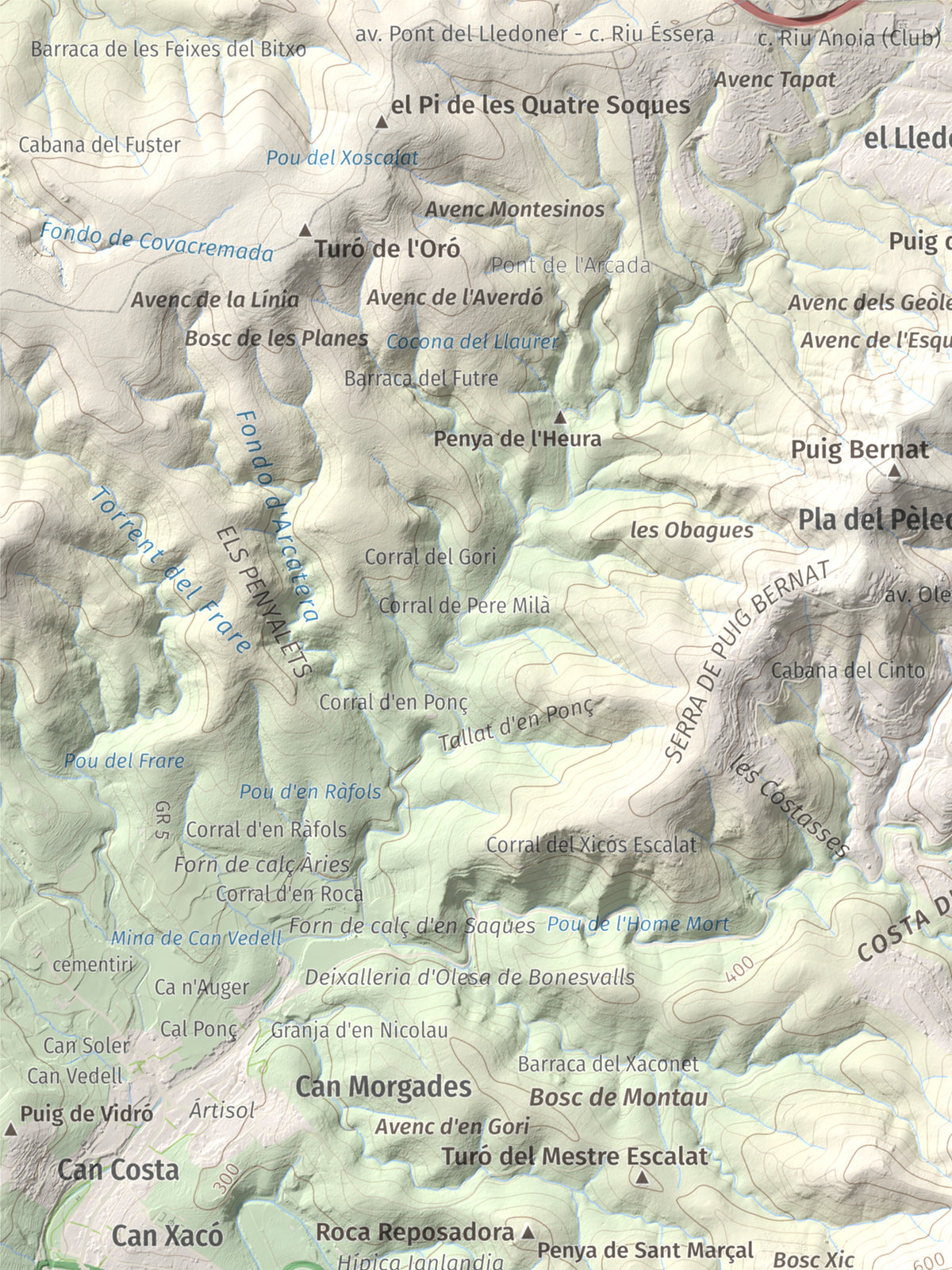 Mapa topogràfic del relleu: Montau, 658 m. Detall de la zona superior esquerra. 30 × 40 cm.
