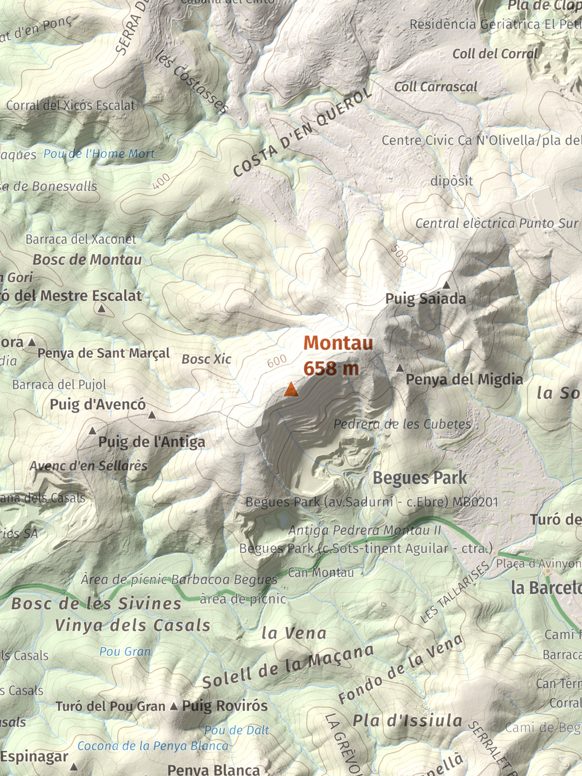 Mapa topogràfic del relleu: Montau, 658 m. Detall de la zona central. 30 × 40 cm.