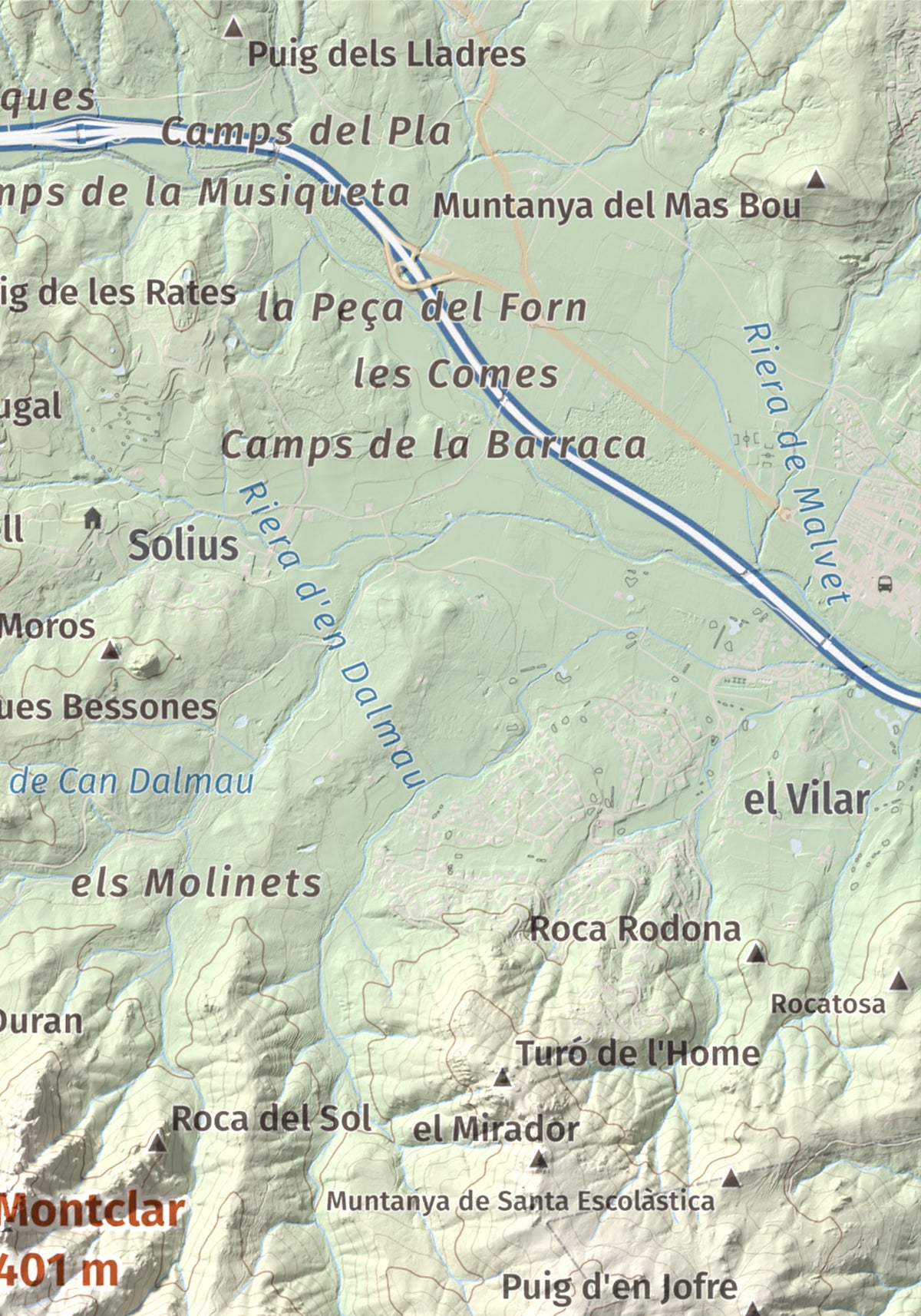 Mapa de relieve de Montclar, 401 m, Baix Empordà, lámina 100 Cims de Trobart. Detalle de la zona superior derecha. 21 × 30 cm.