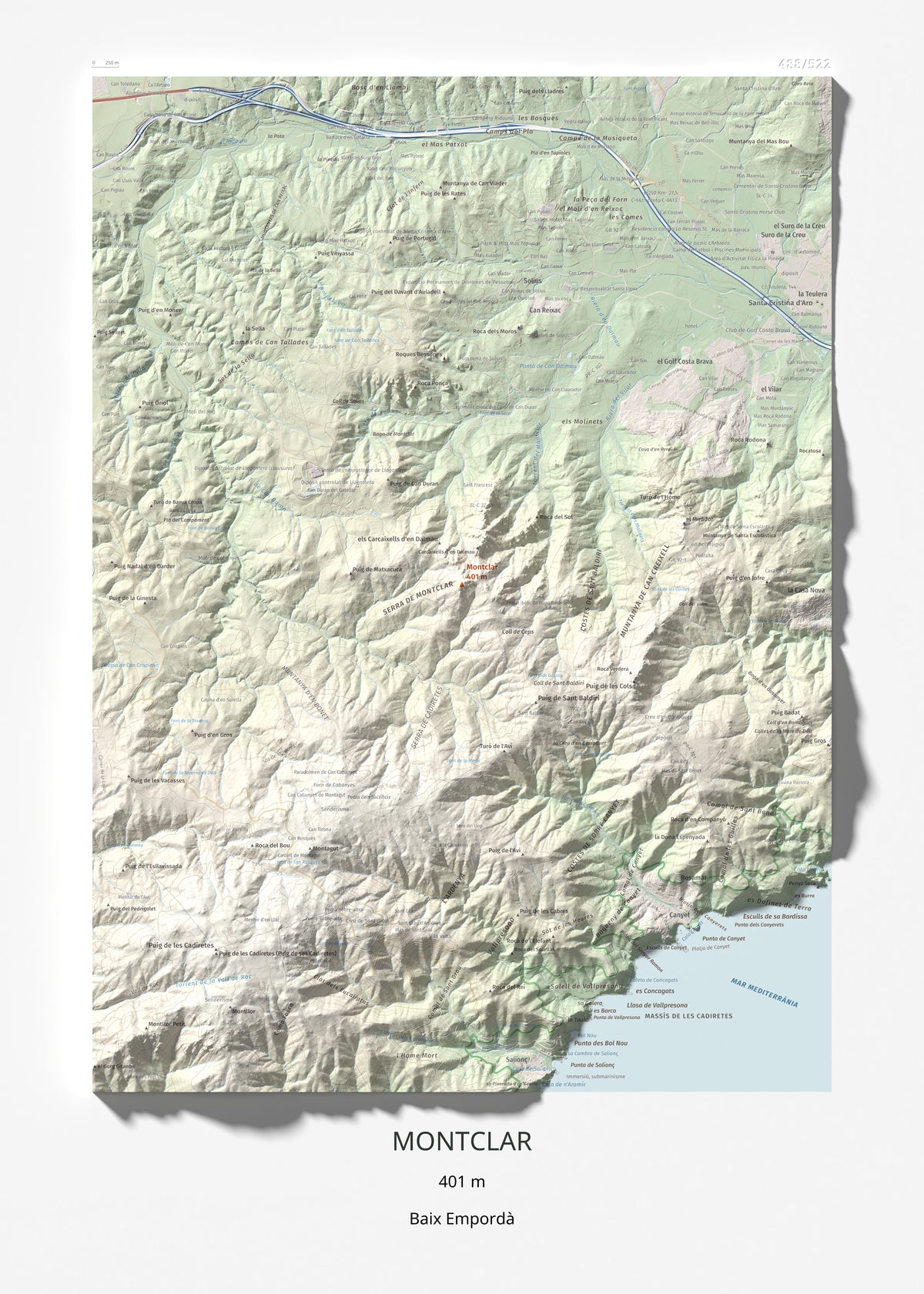 Mapa de relieve de Montclar, 401 m, Baix Empordà, lámina 100 Cims de Trobart 50 × 70 cm.