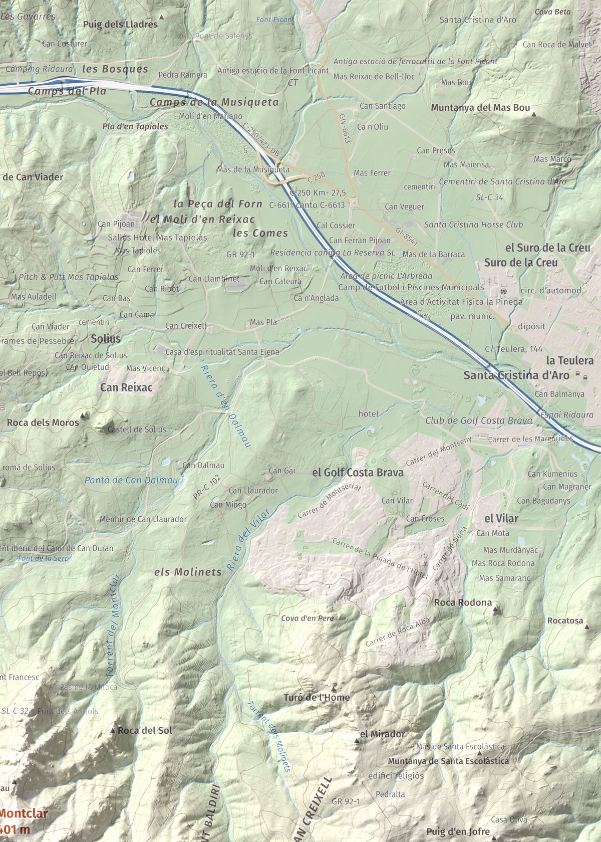 Mapa de relieve de Montclar, 401 m, Baix Empordà, lámina 100 Cims de Trobart. Detalle de la zona superior derecha. 50 × 70 cm.