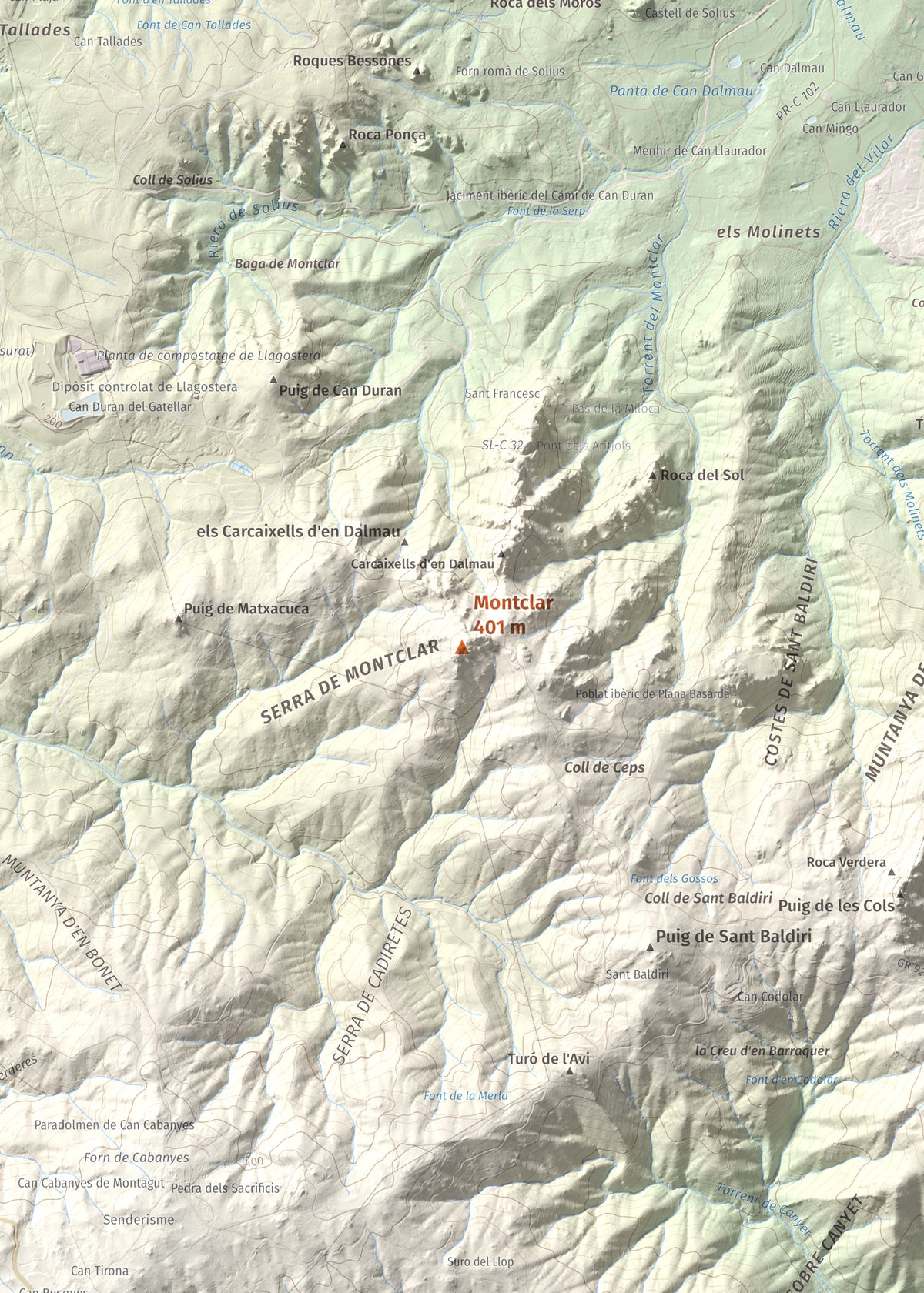 Mapa de relieve de Montclar, 401 m, Baix Empordà, lámina 100 Cims de Trobart. Detalle de la zona central. 50 × 70 cm.