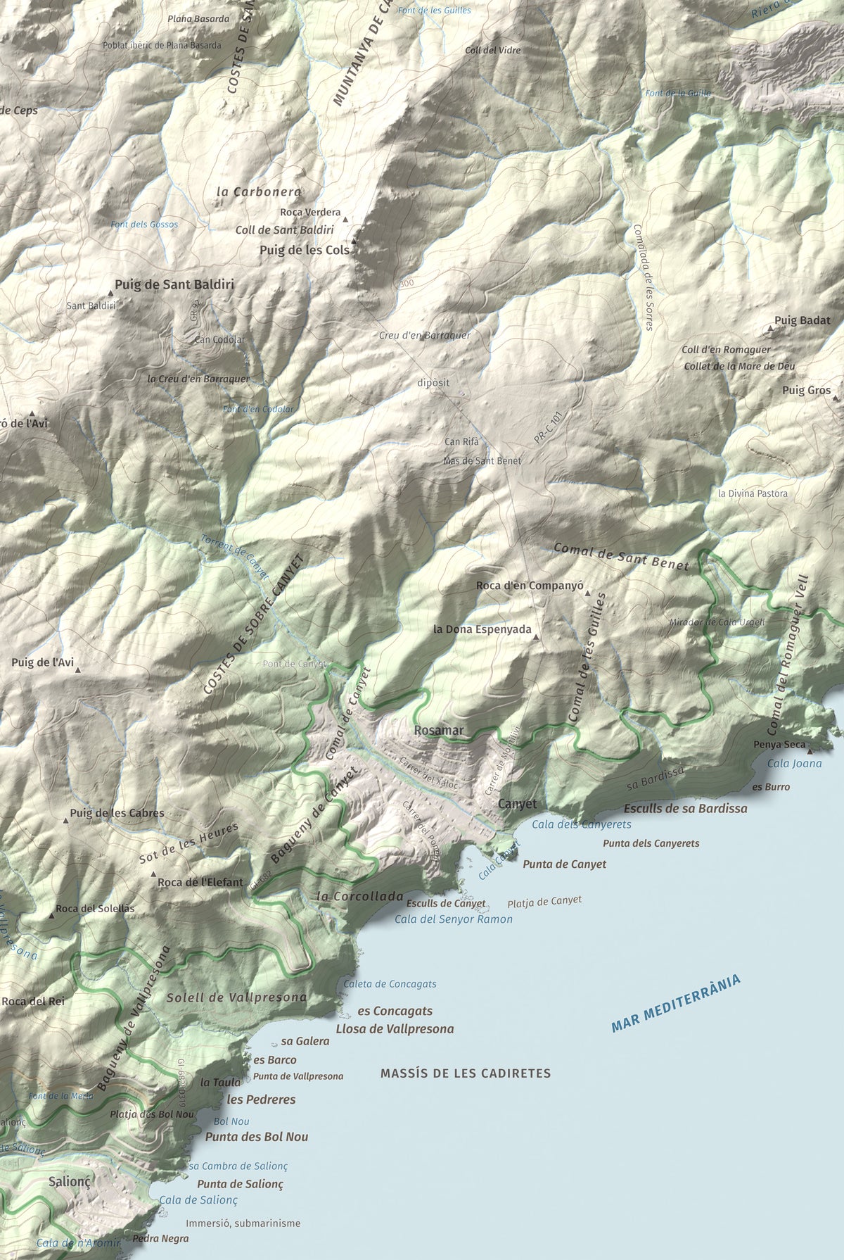 Mapa de relieve de Montclar, 401 m, Baix Empordà, lámina 100 Cims de Trobart. Detalle de la zona inferior derecha. 61 × 91 cm.