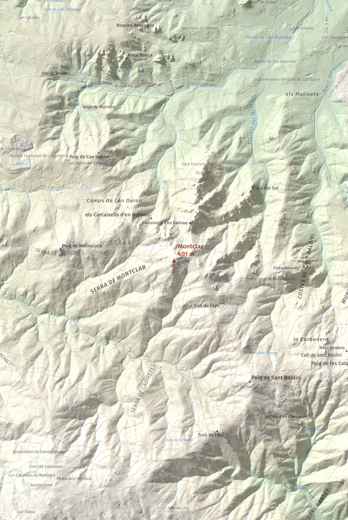 Mapa de relieve de Montclar, 401 m, Baix Empordà, lámina 100 Cims de Trobart. Detalle de la zona central. 61 × 91 cm.