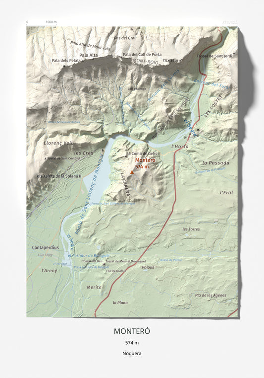 Mapa de relieve de Monteró, 574 m, Noguera, lámina 100 Cims de Trobart 21 × 30 cm.