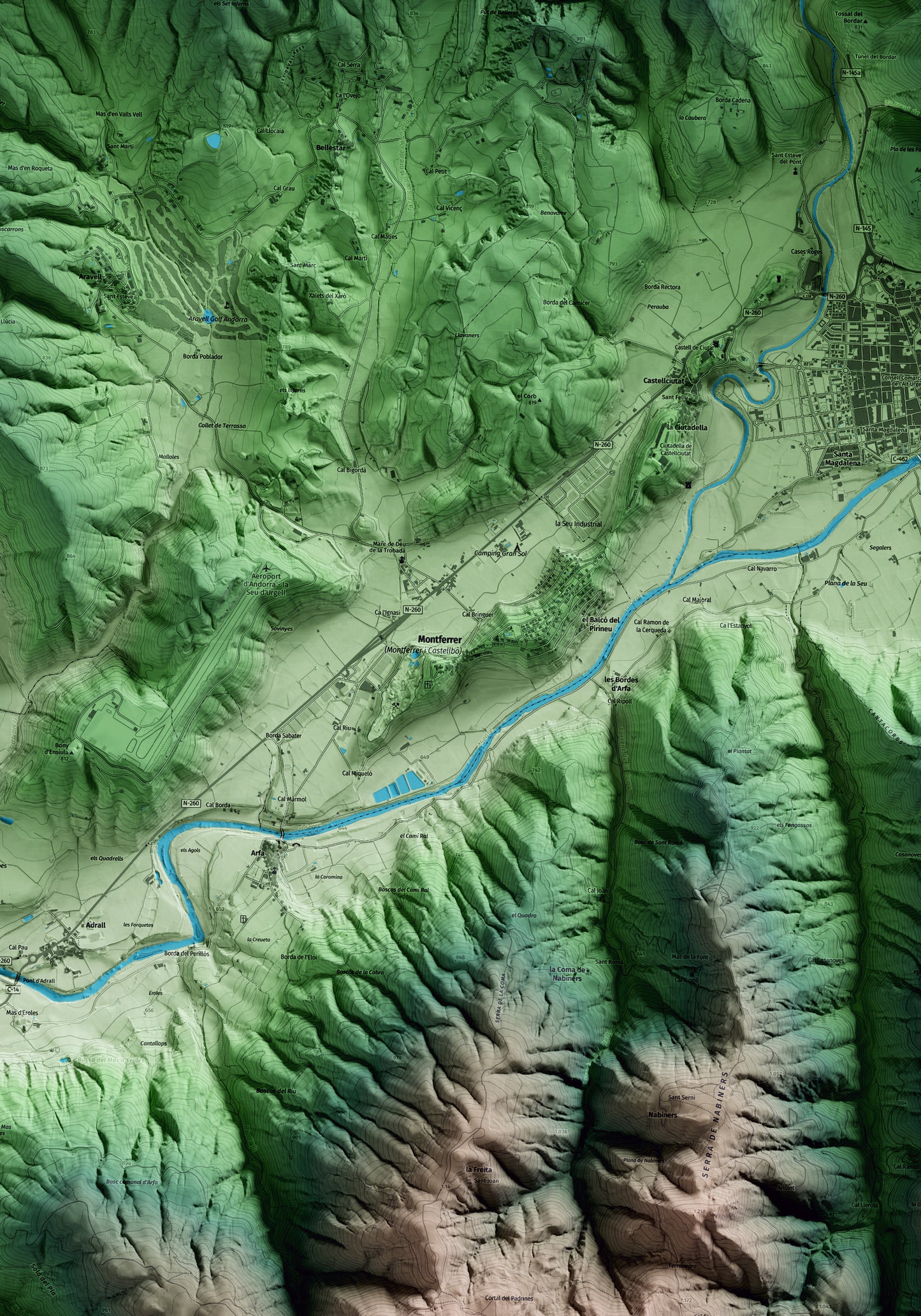 Mapa artístico del relieve de Montferrer i Castellbò, al Alt Urgell, con 15 km de entorno y base topográfica ICGC. Detalle de la zona central.