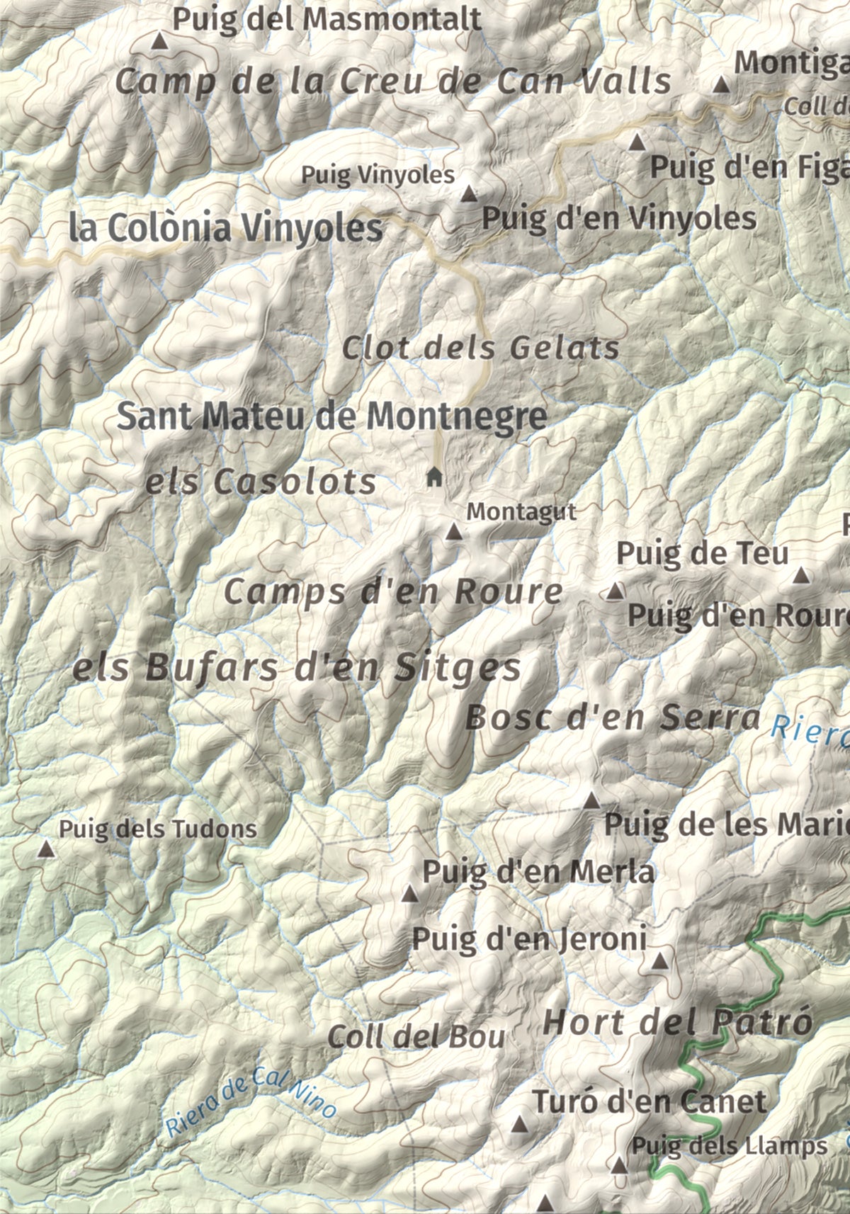 Mapa de relieve de Montigalar, 464 m, Gironès, lámina 100 Cims de Trobart. Detalle de la zona inferior izquierda. 21 × 30 cm.