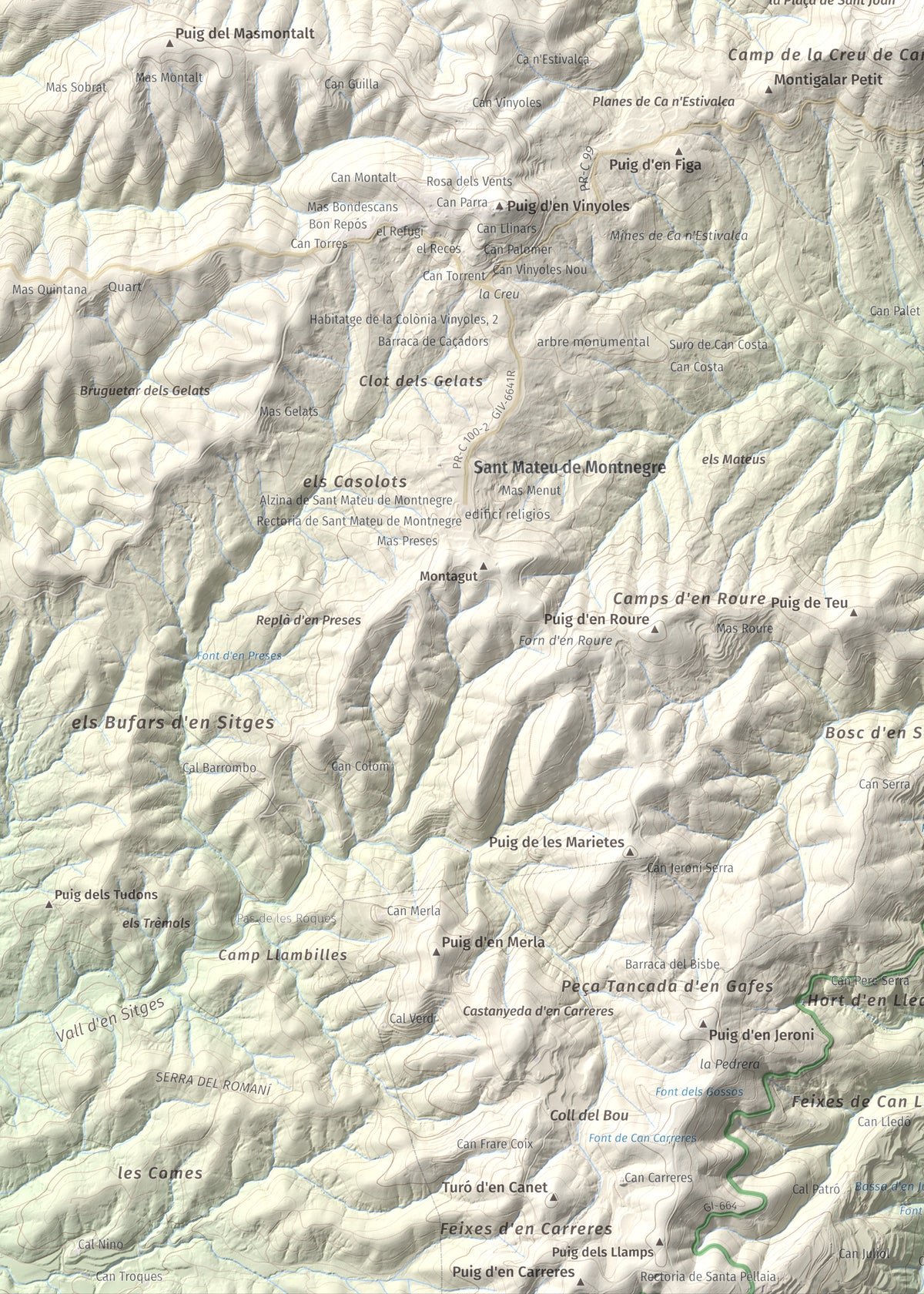 Mapa de relieve de Montigalar, 464 m, Gironès, lámina 100 Cims de Trobart. Detalle de la zona inferior izquierda. 50 × 70 cm.