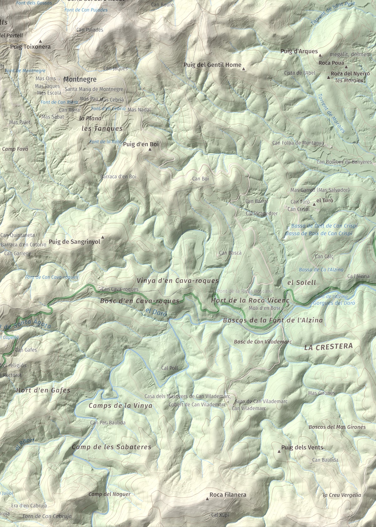 Mapa de relieve de Montigalar, 464 m, Gironès, lámina 100 Cims de Trobart. Detalle de la zona inferior derecha. 50 × 70 cm.