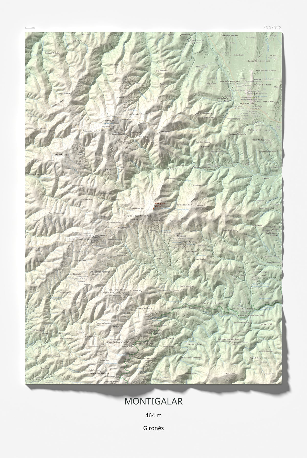 Mapa de relieve de Montigalar, 464 m, Gironès, lámina 100 Cims de Trobart 61 × 91 cm.