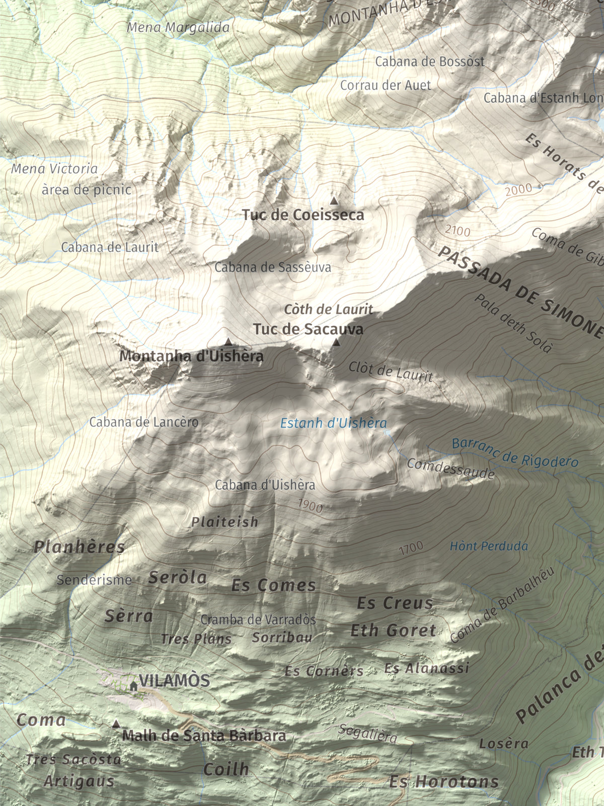 Mapa topográfico del relieve: Montlude, 2518 m. Detalle de la zona inferior izquierda. 30 × 40 cm.