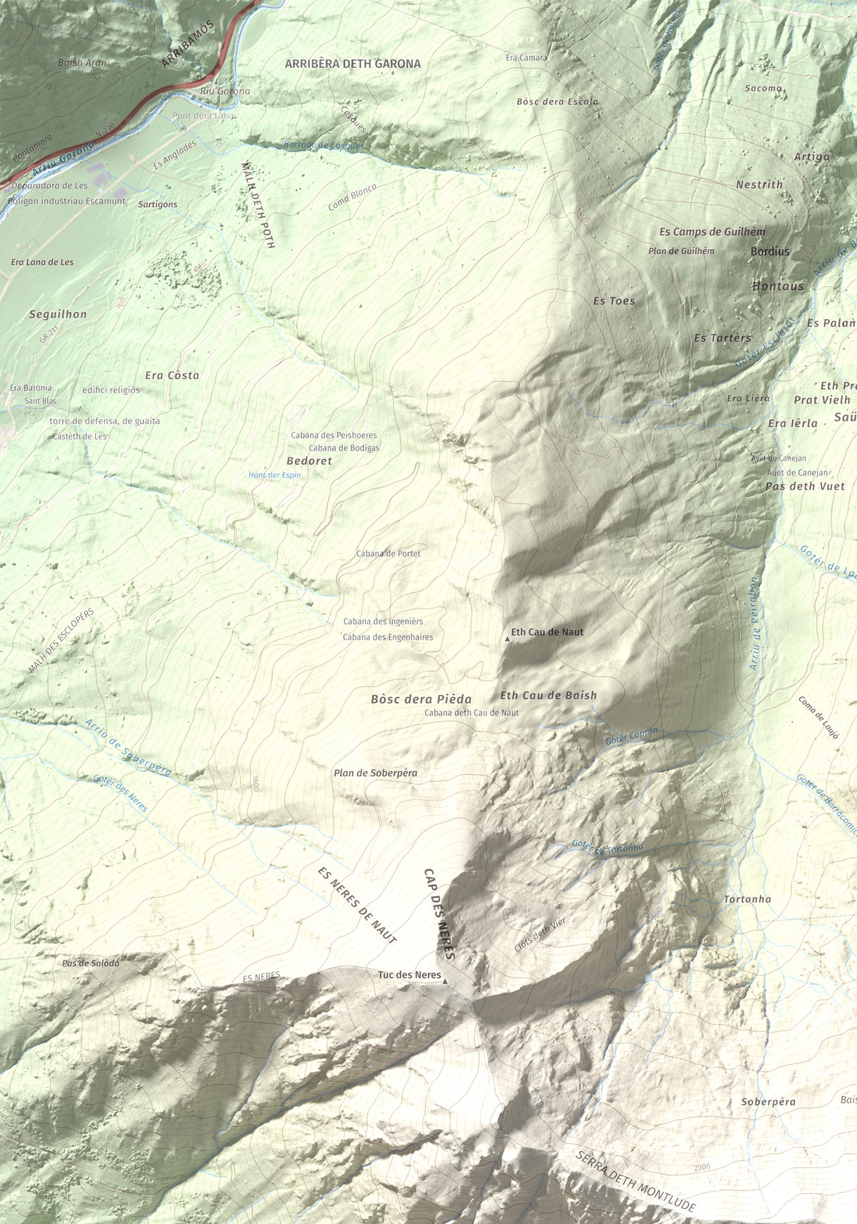 Mapa topográfico del relieve: Montlude, 2518 m. Detalle de la zona superior izquierda. 70 × 100 cm.